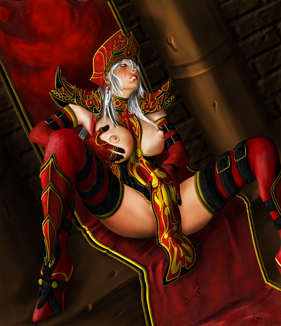 sally whitemane, warcraft, breasts, gloves, grabbing another's breast, hat, masturbation, solo, spread legs, tears, thighhighs, white hair