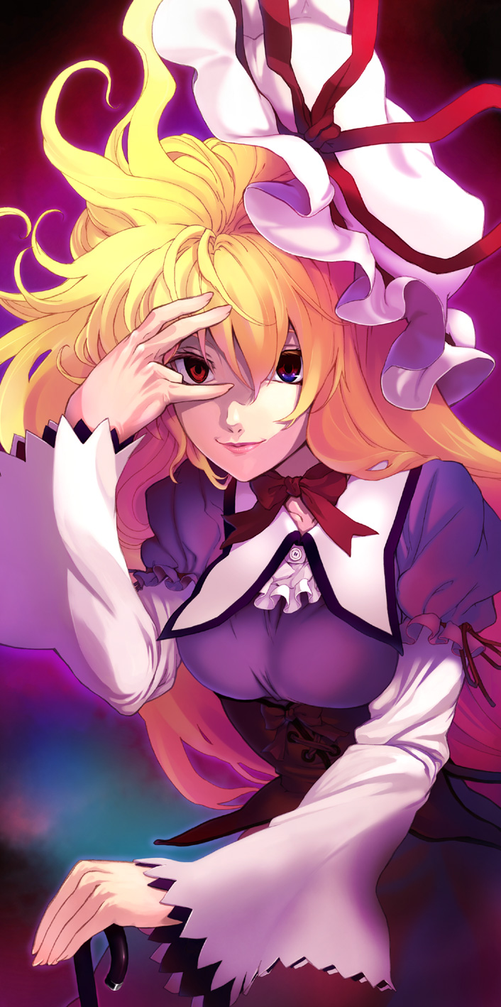 fuzuki yoshihiro, yakumo yukari, touhou, highres, 1girl, blonde hair, bow, female focus, hat, long hair, red eyes, solo, umbrella