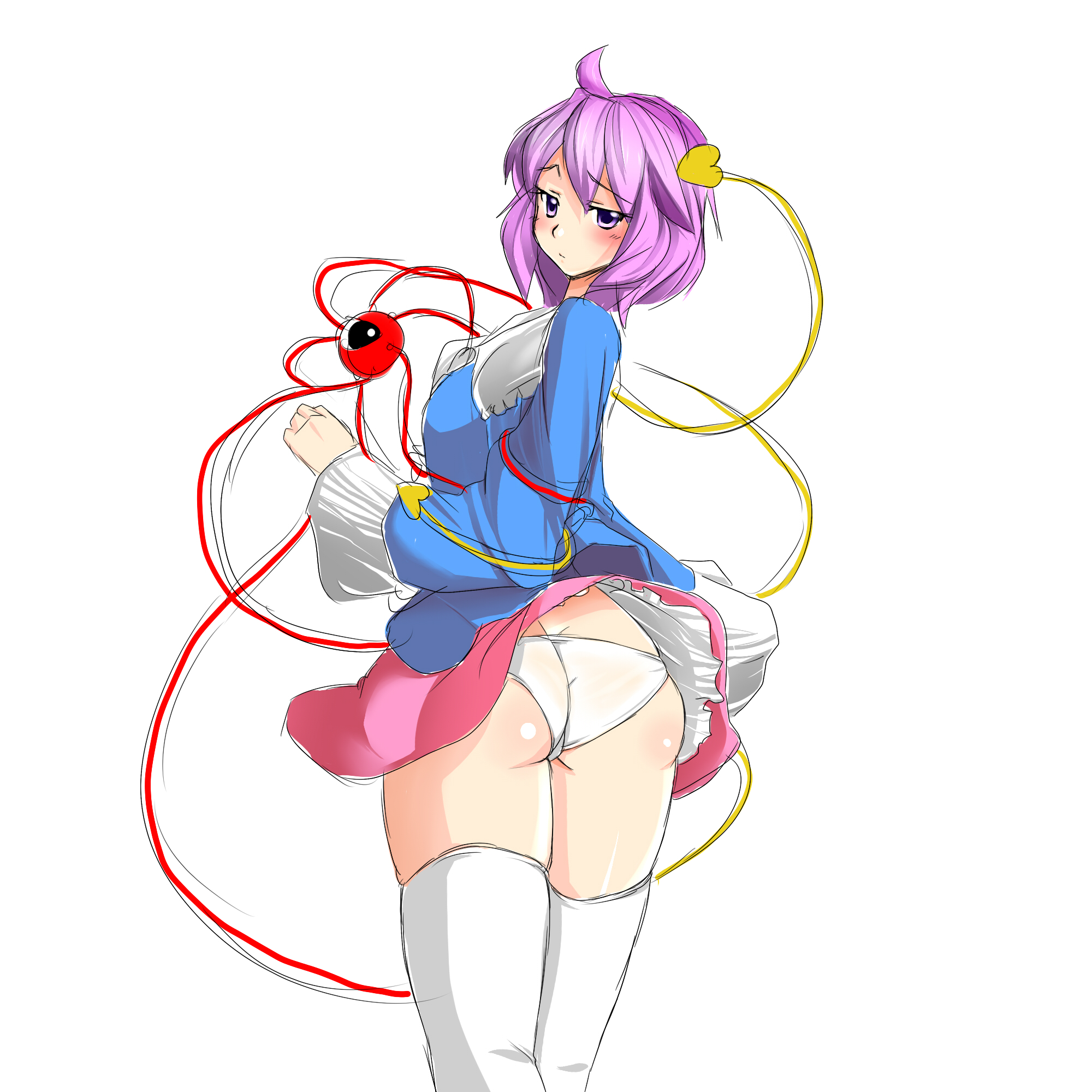 yamane akira, komeiji satori, touhou, bad id, bad pixiv id, highres, 1girl, aged up, ass, blush, female focus, panties, purple eyes, purple hair, short hair, simple background, skirt, solo, thighhighs, underwear, white background