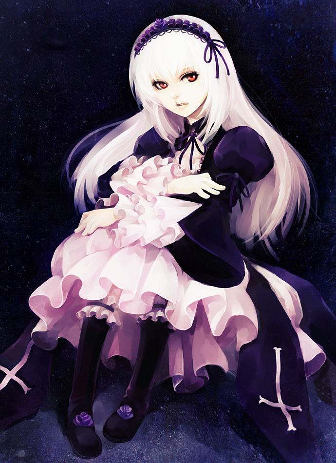 hironox, suigintou, rozen maiden, 00s, 1girl, detached collar, dress, female focus, flower, footwear flower, gothic lolita, lolita fashion, long hair, red eyes, solo, two-tone dress, white hair