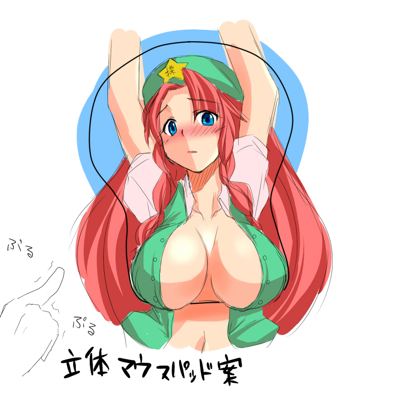 yamane akira, hong meiling, embodiment of scarlet devil, touhou, bad id, bad pixiv id, translation request, 1girl, arms up, beret, blue eyes, blush, braid, breast mousepad, breasts, embarrassed, female focus, hat, large breasts, long hair, mousepad (medium), oekaki, red hair, solo, twin braids, very long hair