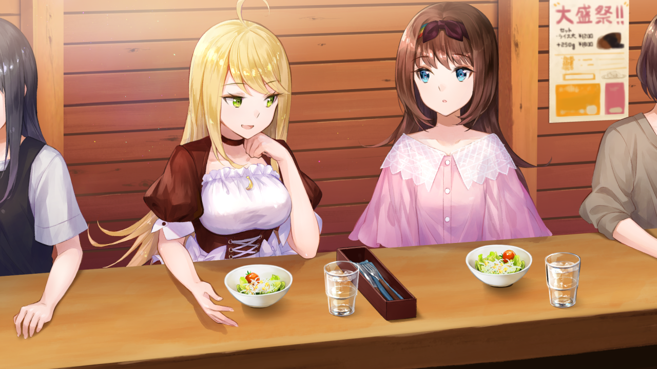 otori ai, tachibana nana, yumeutsutsu re:master, game cg, non-web source, official art, 4girls, :d, ahoge, black hairband, blonde hair, blue eyes, bow, bow hairband, bowl, breasts, brown hair, cup, drinking glass, hair bow, hairband, large breasts, long hair, looking at another, maid, multiple girls, open mouth, parted lips, pink shirt, puffy short sleeves, puffy sleeves, salad, shirt, short sleeves, smile, swept bangs