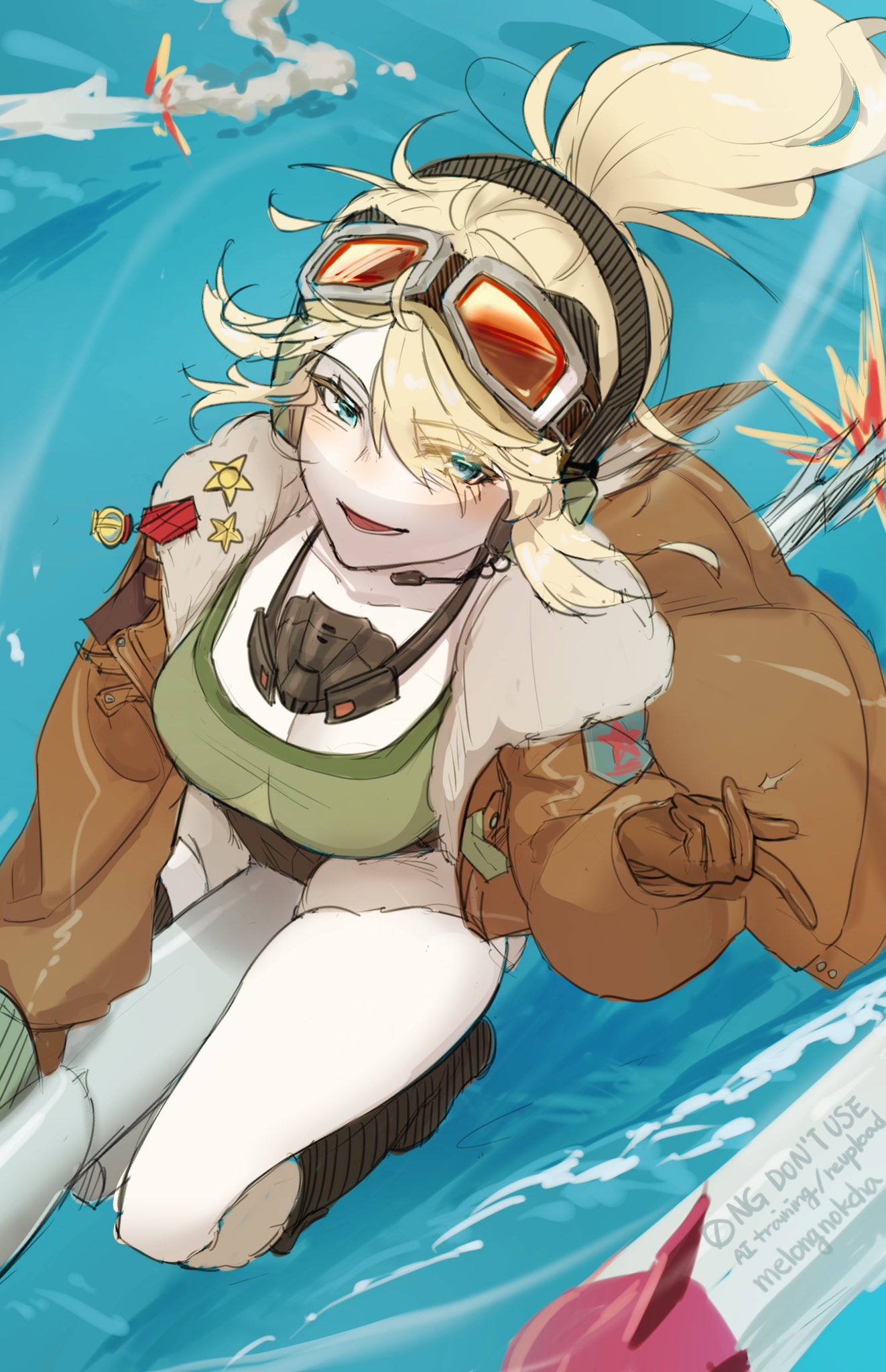 lilya (reverse:1999), reverse:1999, highres, 1girl, :d, blonde hair, blue background, blue eyes, breasts, broom, broom riding, brown gloves, brown jacket, brown shorts, cleavage, from above, gloves, goggles, goggles on head, green shirt, hand up, headset, jacket, long hair, looking at viewer, mask, mask around neck, mechanical broom, melong6cha, missile, open mouth, oxygen mask, ponytail, shirt, shorts, sketch, smile, snapping fingers, solo