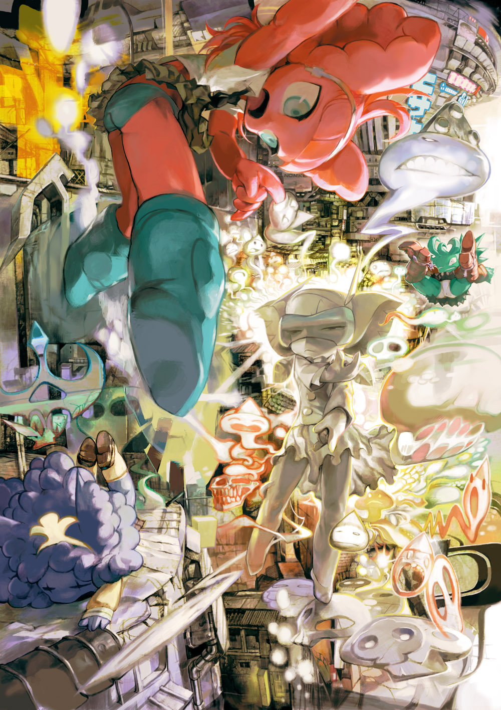 kawaguchi youhei, blue detune, green illegal, red unknown, white immortal, original, character request, highres, battle, explosion