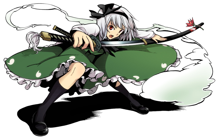 nakatani, konpaku youmu, konpaku youmu (ghost), touhou, silver hair, 1girl, female focus, ghost, hairband, hitodama, katana, mary janes, red eyes, sheath, shoes, short hair, solo, sword, unsheathing, weapon