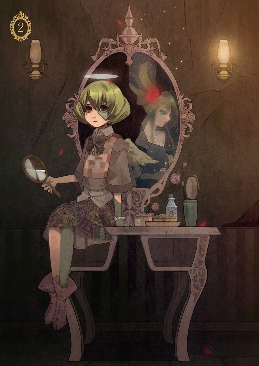 kotetu, tsurusaki yuu, sorafia, original, highres, 1girl, blonde hair, broken mirror, different reflection, hair brush, mirror, red eyes, reflection, scar, stitches, zombie