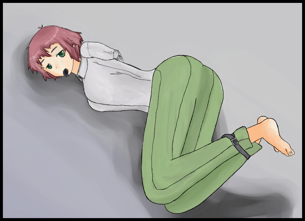 tezuka rin, katawa shoujo, 10s, 1girl, amputee, armless amputee, bad anatomy, barefoot, bdsm, bent over, bondage, bound, bound ankles, double amputee, dress shirt, female focus, gag, gagged, green eyes, poorly drawn, shirt, short hair, solo, you gonna get raped