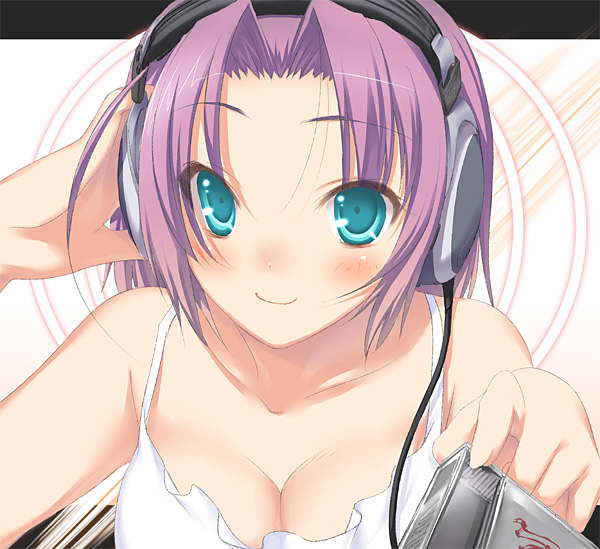 47agdragon, original, 1girl, aqua eyes, breasts, cleavage, female focus, headphones, medium breasts, purple hair, smile, solo