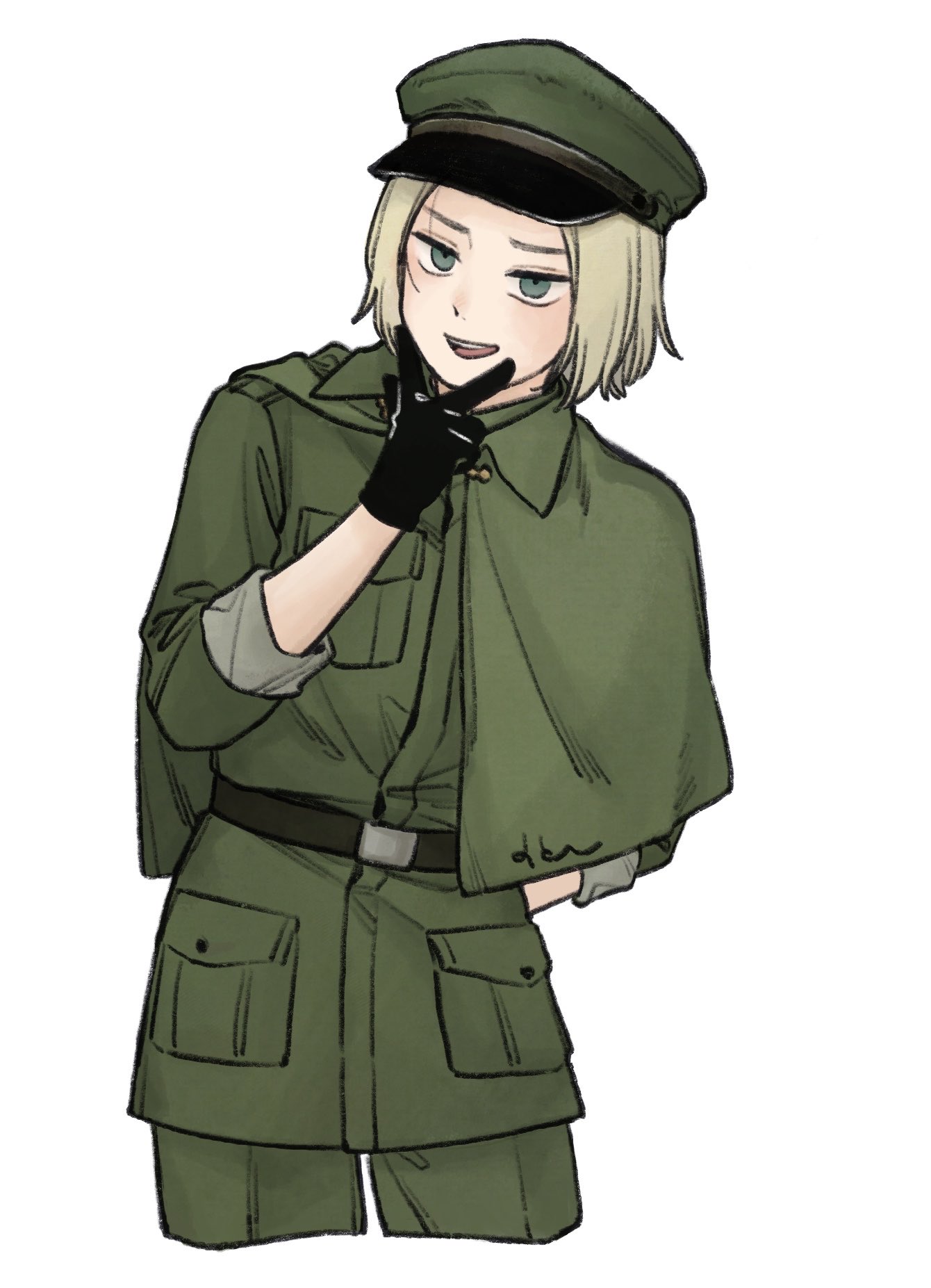 mi aph to, poland (hetalia), axis powers hetalia, commentary request, highres, 1boy, arm behind back, black gloves, blonde hair, breast pocket, capelet, collared jacket, cowboy shot, empty eyes, gloves, green capelet, green eyes, green hat, green jacket, green pants, half-closed eyes, hand on own chin, hand up, hat, jacket, long sleeves, looking afar, male focus, military, military hat, military jacket, military uniform, open mouth, pants, peaked cap, pocket, short hair, simple background, smile, solo, standing, teeth, v, white background