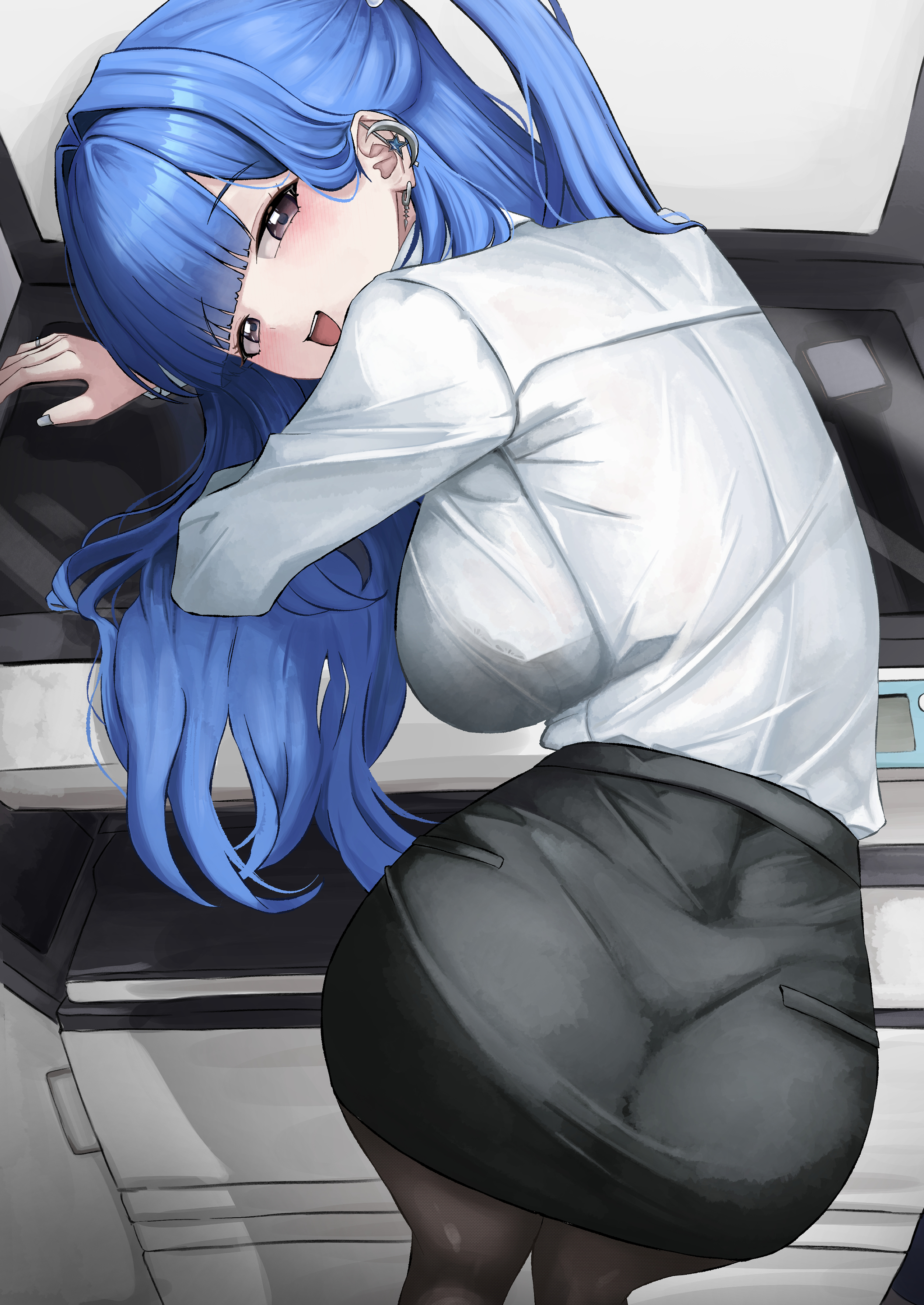 small chair (xiaosaiyi33818), arcana (nikke), goddess of victory: nikke, absurdres, highres, 1girl, alternate costume, ass, black pantyhose, black skirt, blue hair, blunt bangs, bra visible through clothes, breasts, earrings, jewelry, large breasts, looking at viewer, looking back, office lady, pantyhose, pencil skirt, see-through clothes, see-through shirt, shirt, skirt, smile, solo, white shirt