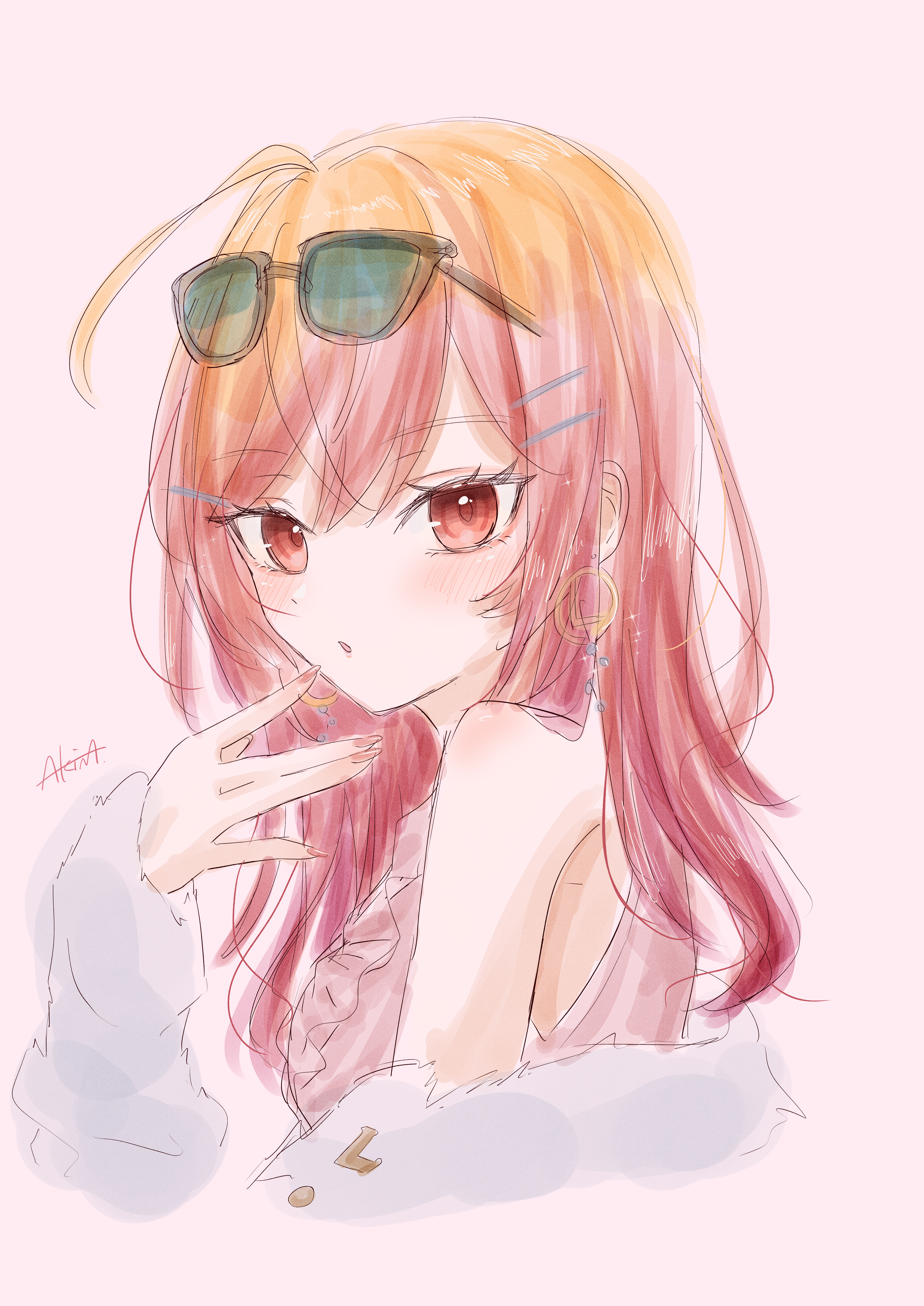 akina (user ucnd3578), ichijou ririka, ichijou ririka (1st costume), hololive, hololive dev is, absurdres, highres, 1girl, ahoge, black-framed eyewear, earrings, eyewear on head, gold earrings, hair ornament, hairpin, jacket, jewelry, long hair, looking at viewer, open mouth, orange eyes, orange hair, pink shirt, shirt, solo, sunglasses, virtual youtuber, white jacket