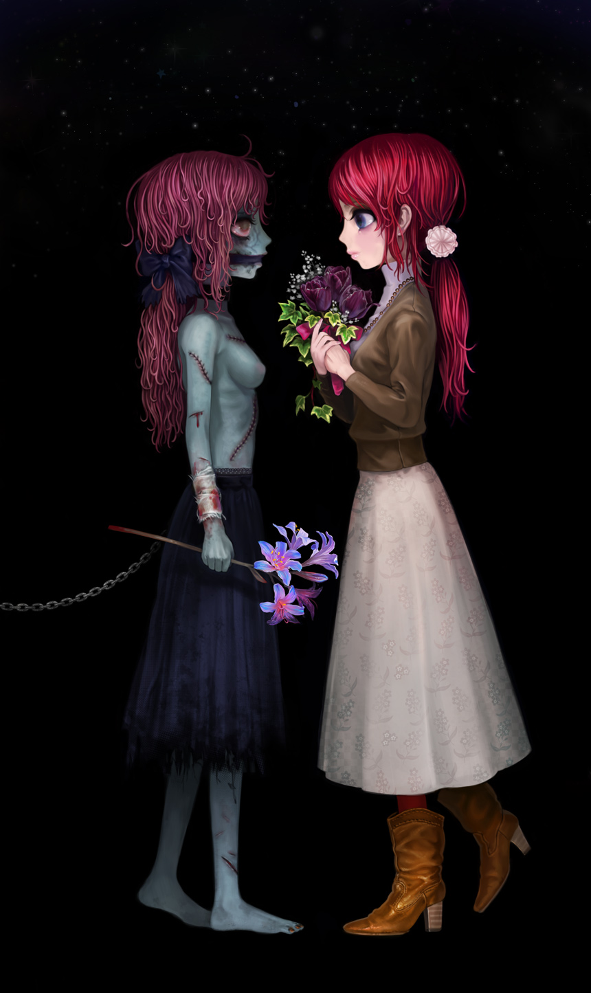 yukaman, highres, 2girls, bandages, barefoot, blood, boots, bow, chain, flower, guro, multiple girls, pink hair, scar, skirt, stitches, topless female