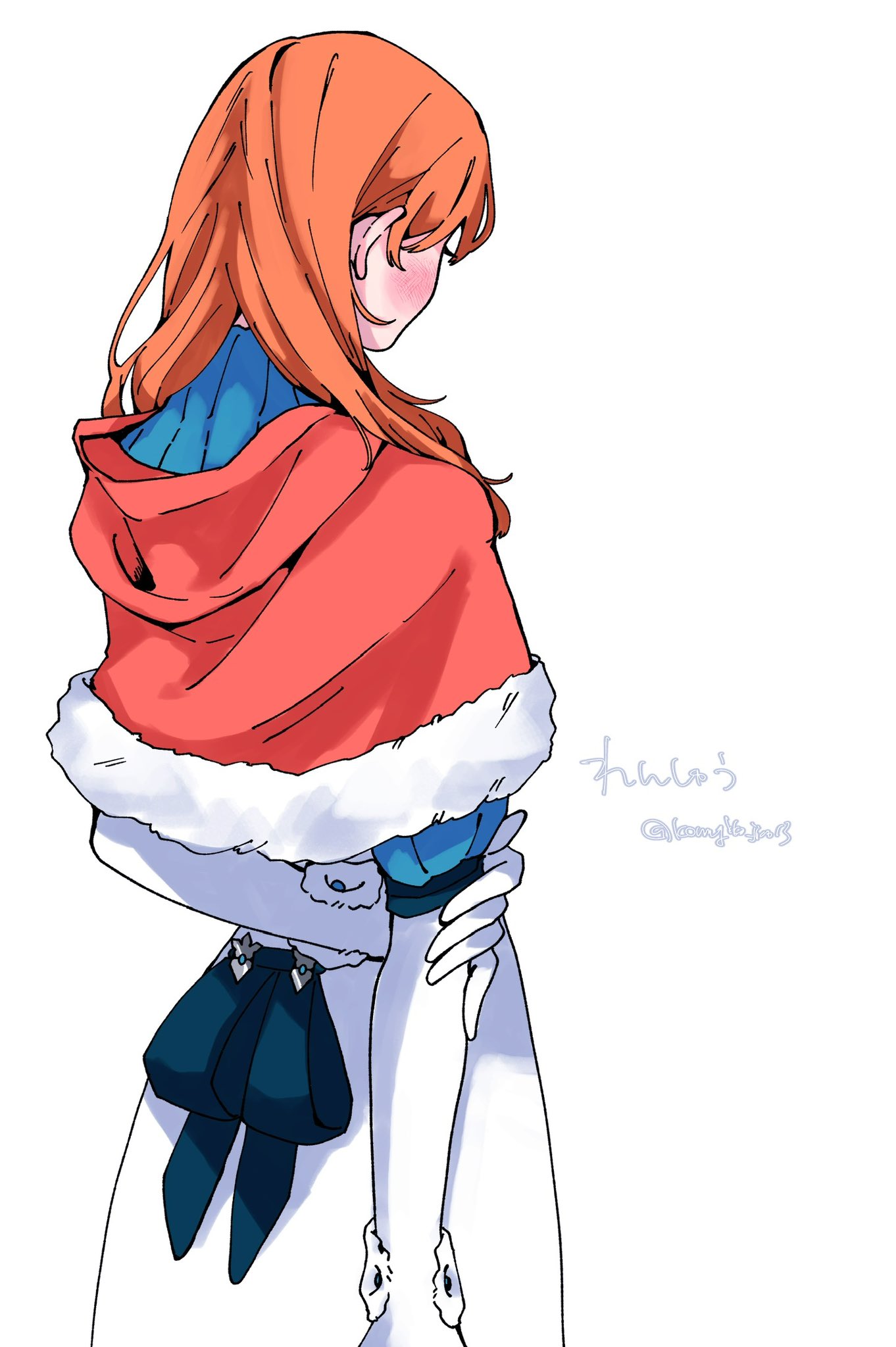 komugiko jiro13, annette fantine dominic, annette fantine dominic (timeskip), fire emblem, fire emblem: three houses, nintendo, commentary request, highres, 1girl, artist name, blush, capelet, elbow gloves, from behind, fur-trimmed capelet, fur trim, gloves, long hair, orange hair, red capelet, solo, standing, twitter username, white background, white gloves