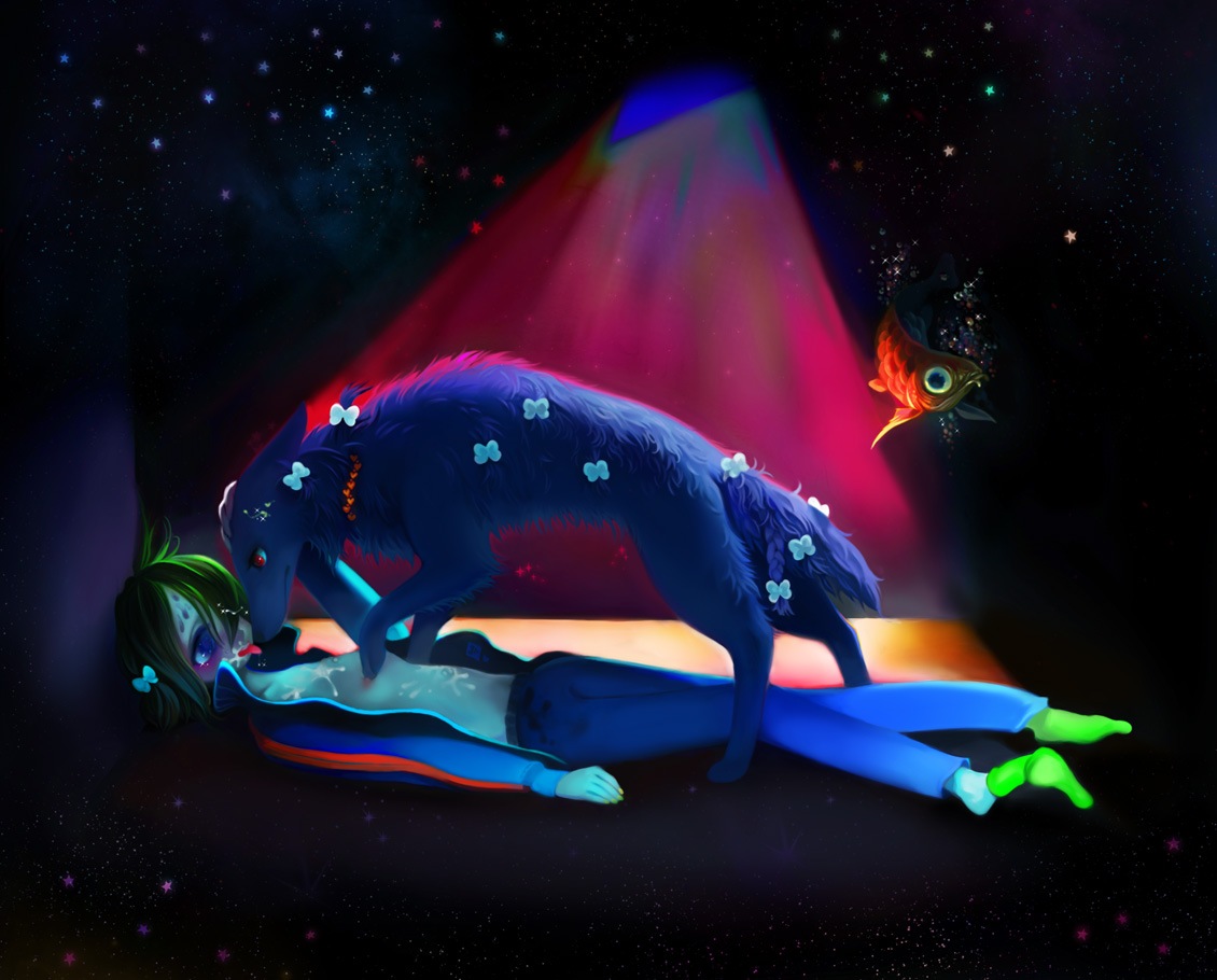 yukaman, acid trip, blue eyes, collar, cum, dog, green hair, open clothes, open shirt, red eyes, shirt, star (symbol), tongue, what