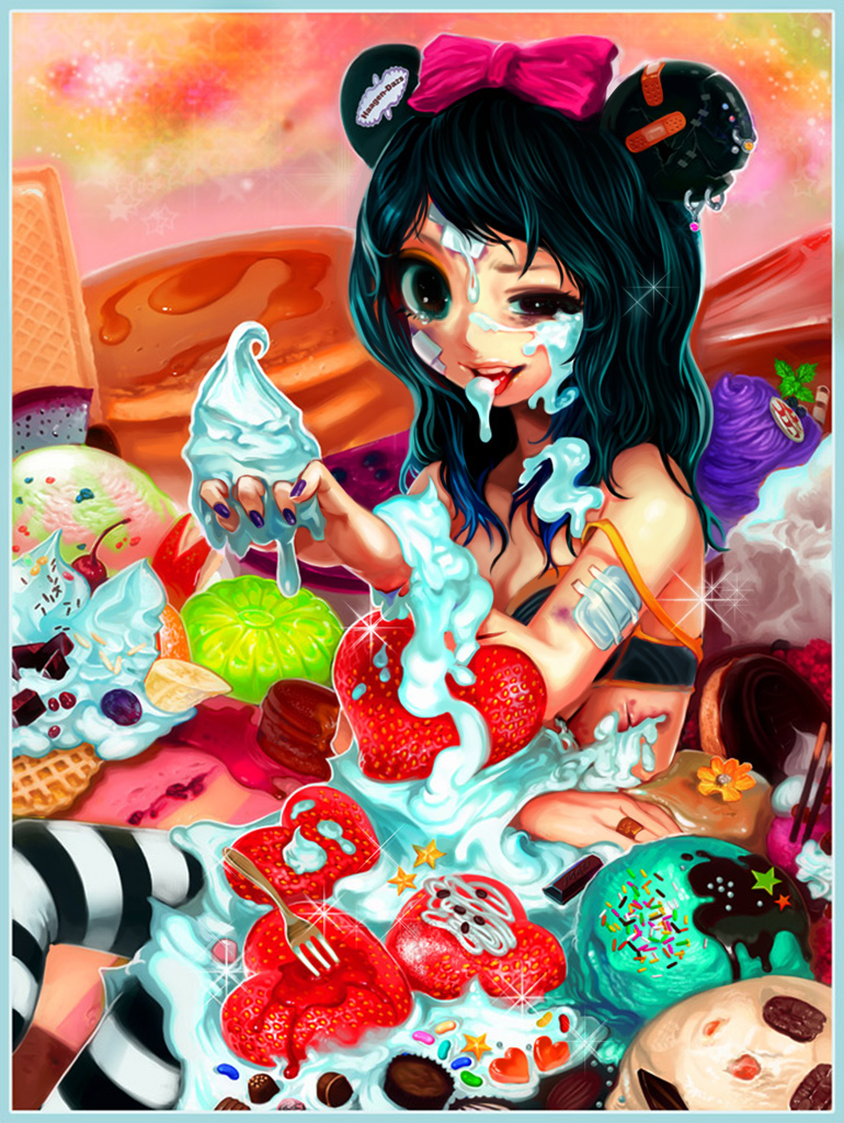 yukaman, animal ears, banana, bandages, blood, bow, bruise, candy, food, fork, fruit, guro, heart, ice cream, injury, pancake, pocky, solo, strawberry, what