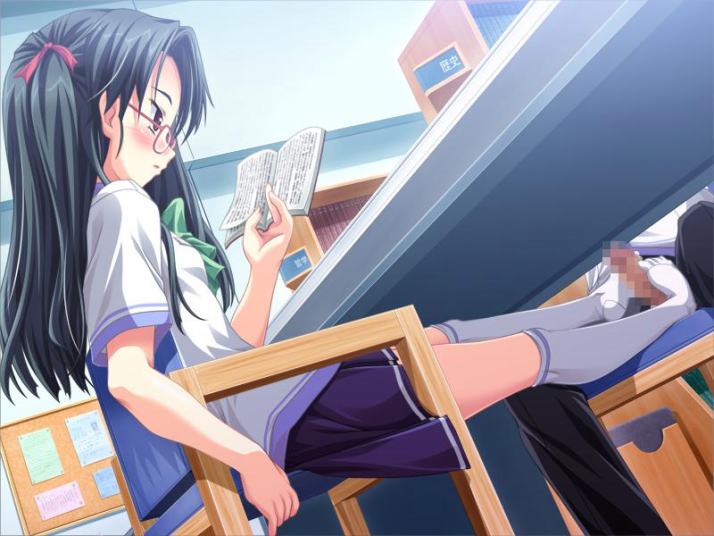 1girl, black hair, book, censored, feet, footjob, footjob with legwear, glasses, kneehighs, open book, penis, reading, red eyes, school uniform, skirt, socks, table, under table