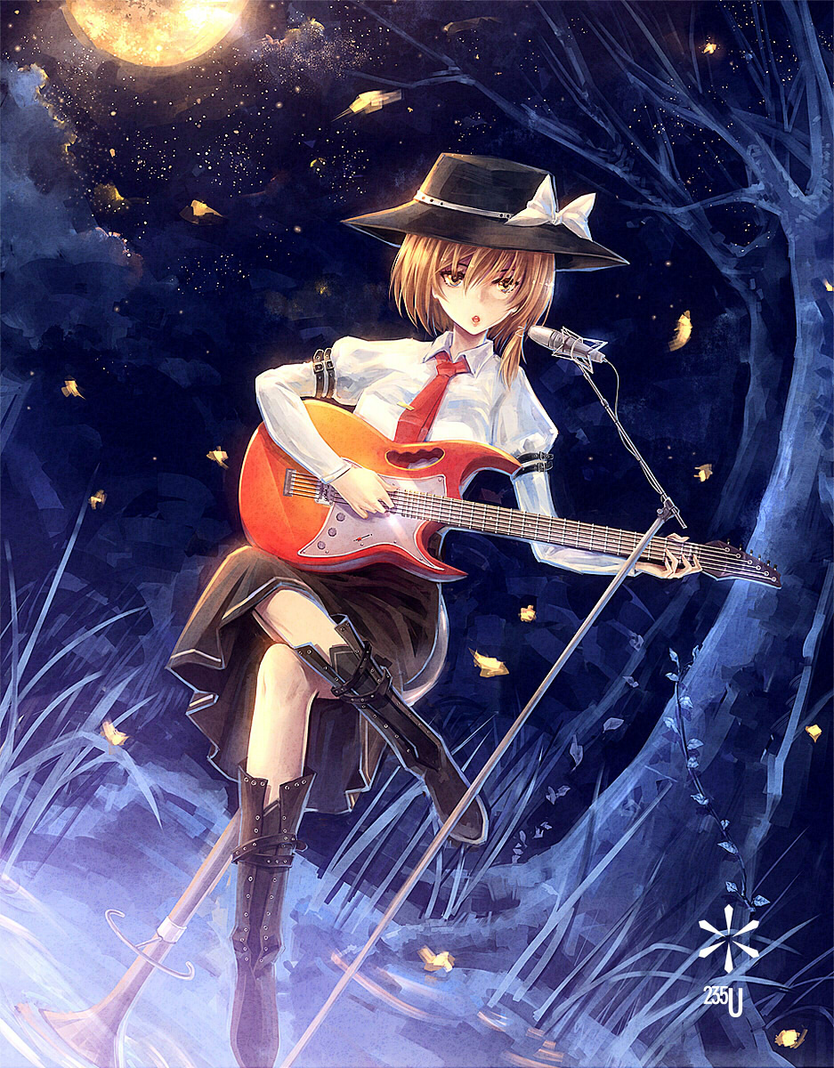 kieta, usami renko, touhou, highres, 1girl, blonde hair, boots, brown hair, dutch angle, female focus, guitar, hat, instrument, lipstick, makeup, microphone, microphone stand, necktie, open mouth, short hair, sitting, solo, yellow eyes
