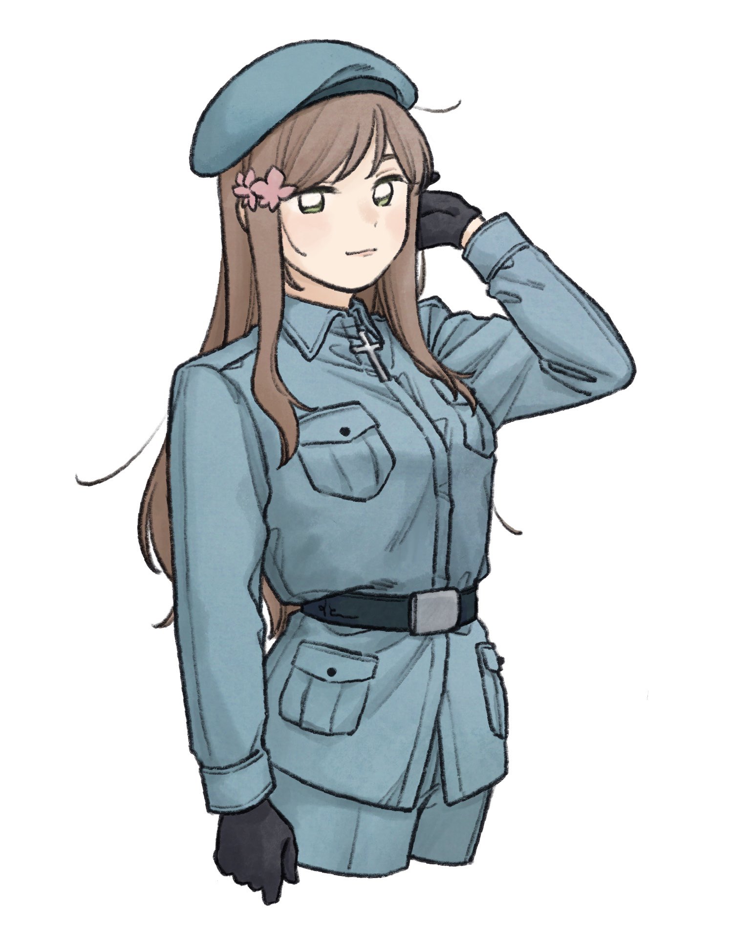 mi aph to, hungary (hetalia), axis powers hetalia, commentary request, highres, 1girl, beret, black gloves, blue hat, blue jacket, blue pants, breast pocket, breasts, brown hair, clenched hand, closed mouth, collared jacket, cowboy shot, cross, flower, gloves, green eyes, hair flower, hair ornament, hand up, hat, iron cross, jacket, long hair, long sleeves, looking at viewer, medium breasts, military, military hat, military jacket, military uniform, pants, pink flower, pocket, sidelocks, simple background, smile, solo, standing, white background
