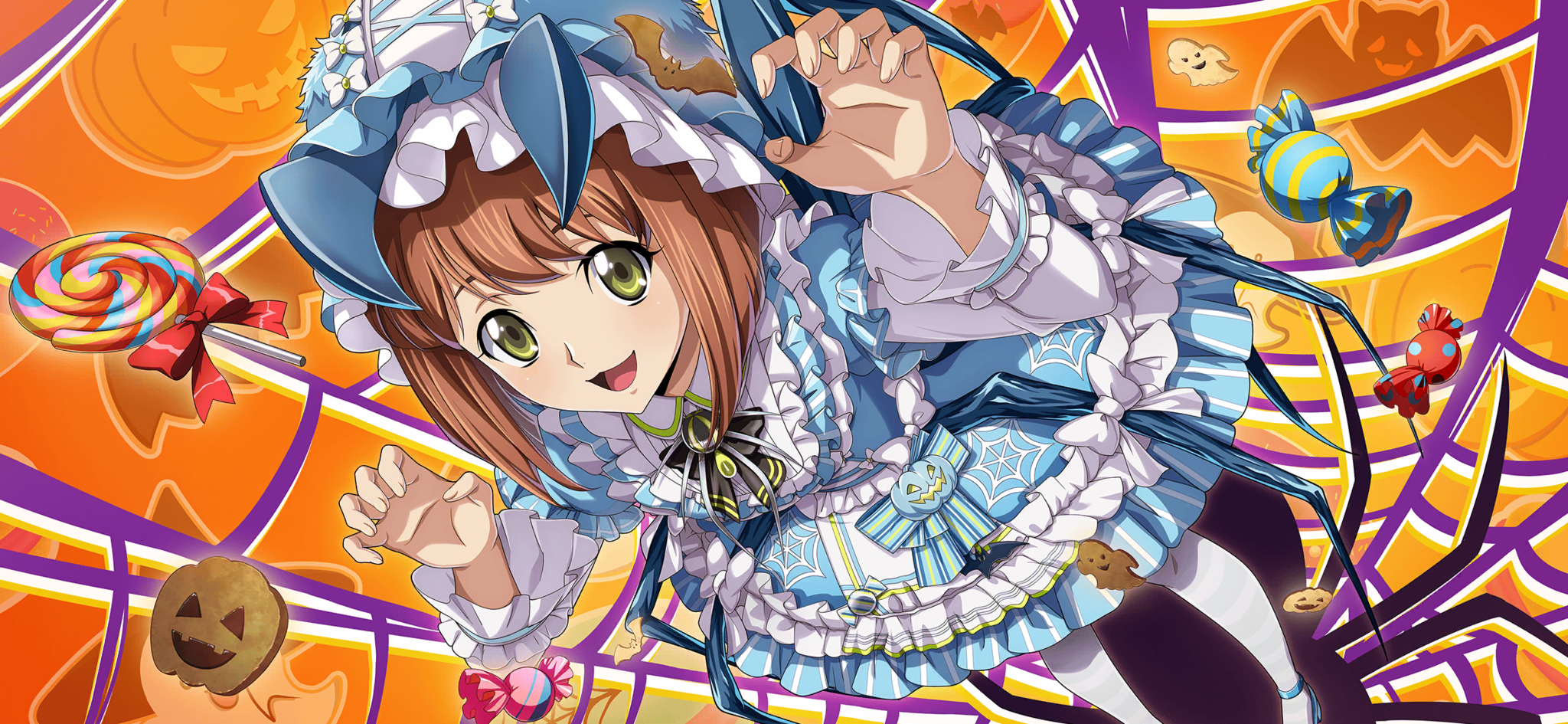 f4samurai, code geass, code geass: dakkan no roze, code geass: lost stories, game cg, highres, official art, 1girl, apron, blue dress, bow, brown hair, candy, dress, food, frilled apron, frilled dress, frilled skirt, frilled sleeves, frills, green eyes, hair bow, halloween, looking at viewer, mei ema, open mouth, short hair, skirt, smile, solo, thighhighs