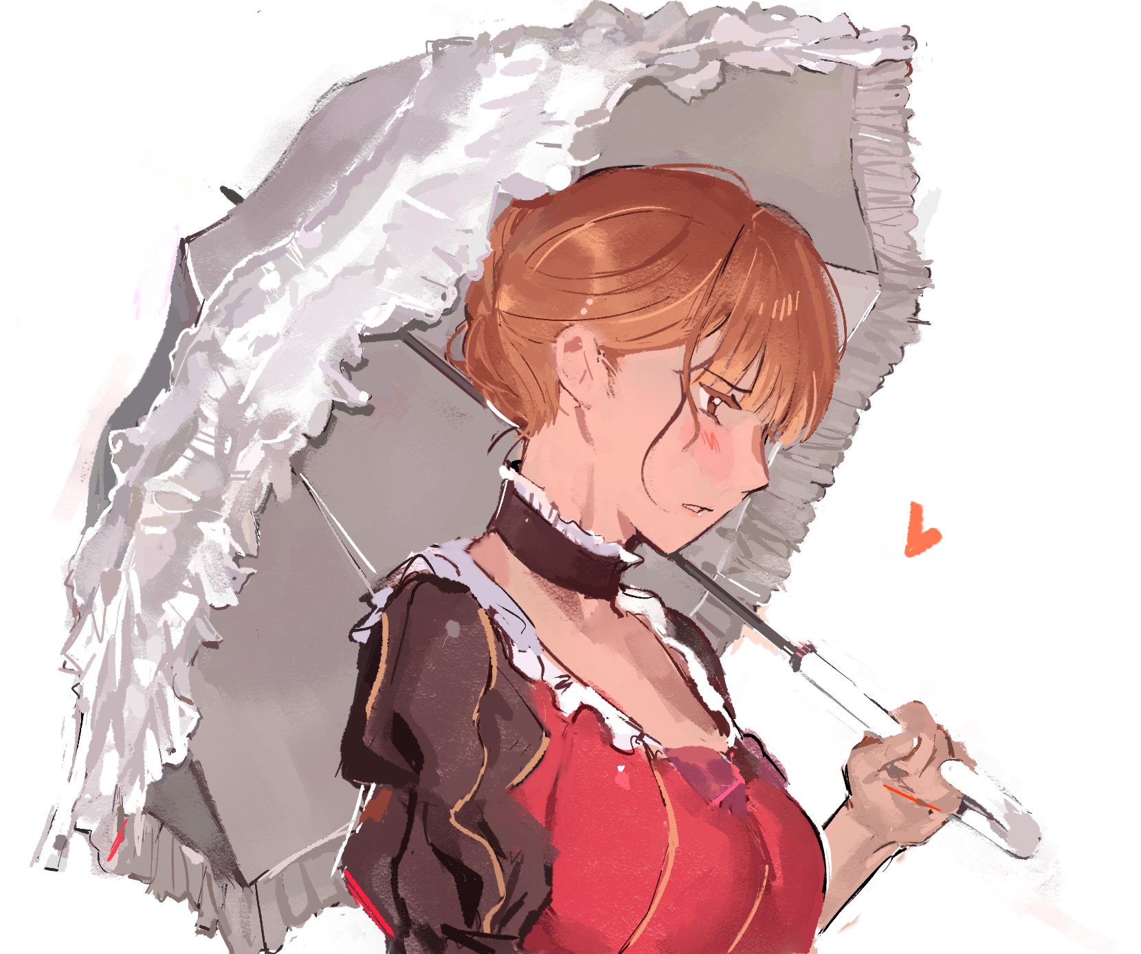 beatrice (umineko), umineko no naku koro ni, commentary, english commentary, highres, 0104mq, 1girl, blonde hair, blush, dress, from side, holding, holding umbrella, looking ahead, simple background, solo, standing, umbrella, upper body, white background, white umbrella