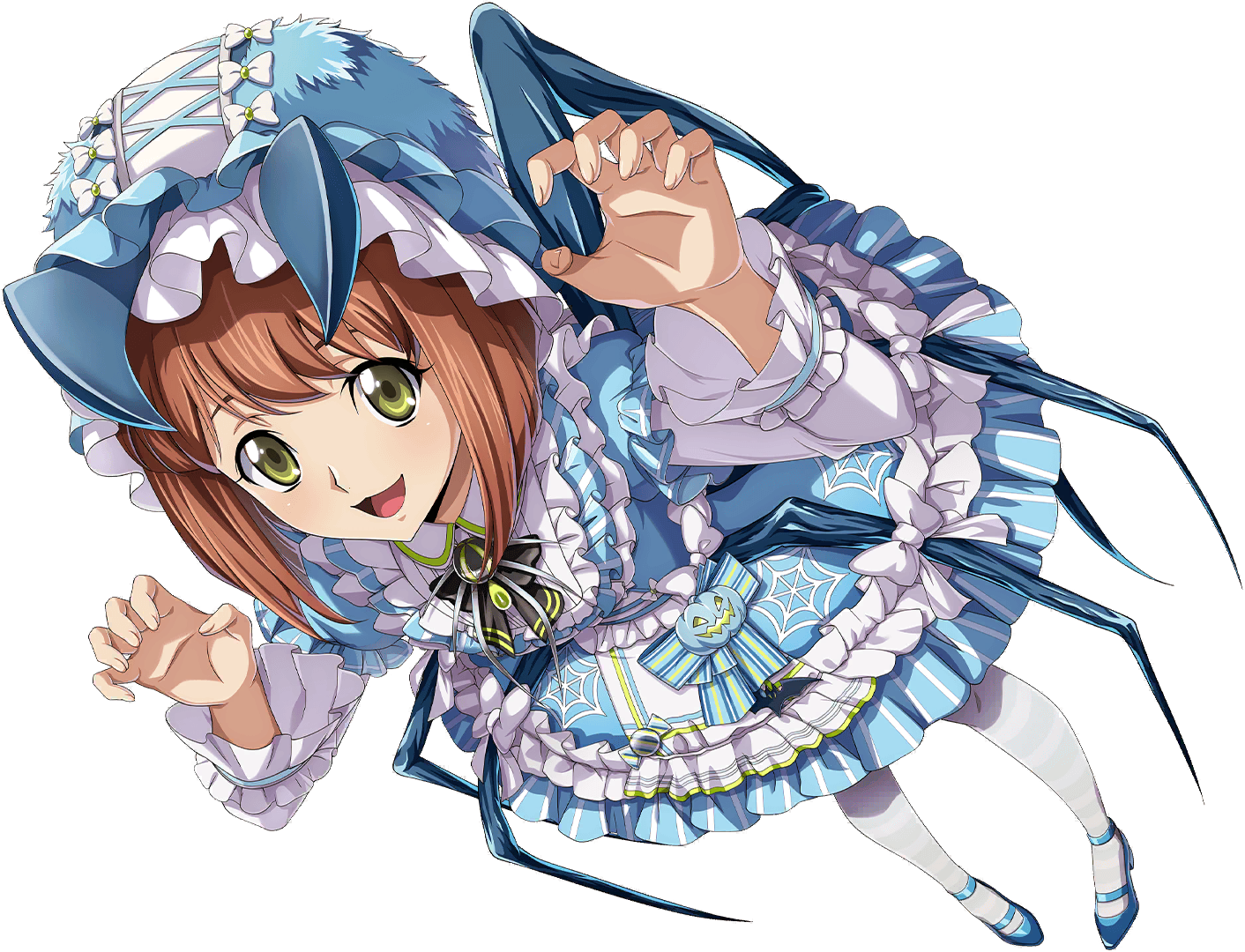 f4samurai, code geass, code geass: dakkan no roze, code geass: lost stories, game cg, official art, 1girl, apron, blue dress, bow, brown hair, dress, frilled apron, frilled dress, frilled skirt, frilled sleeves, frills, green eyes, hair bow, halloween, looking at viewer, mei ema, open mouth, short hair, skirt, smile, solo, thighhighs