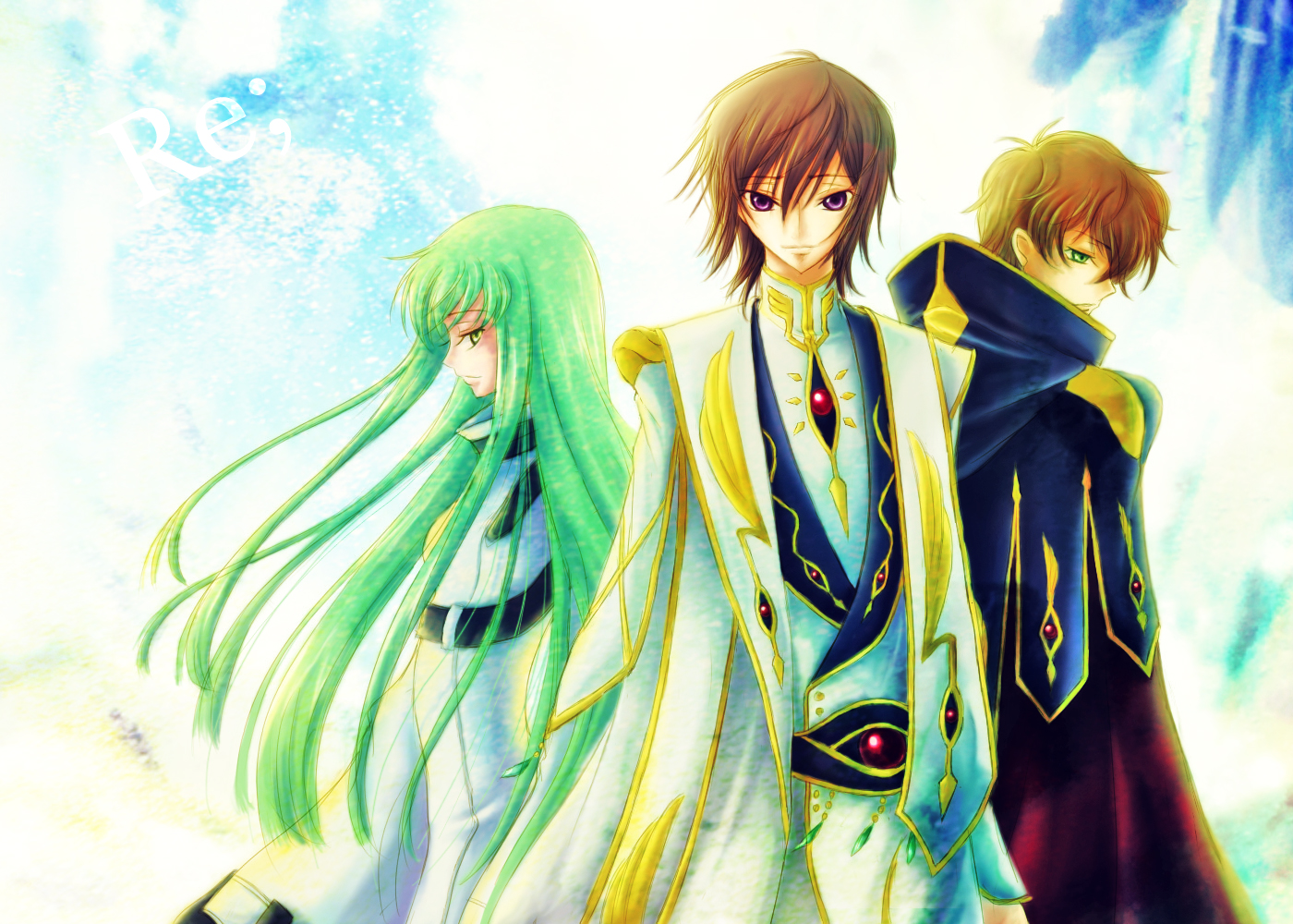 c.c., kururugi suzaku, lelouch vi britannia, code geass, bad id, bad pixiv id, 00s, 1girl, 2boys, black hair, brown hair, green eyes, green hair, long hair, multiple boys, purple eyes, straitjacket
