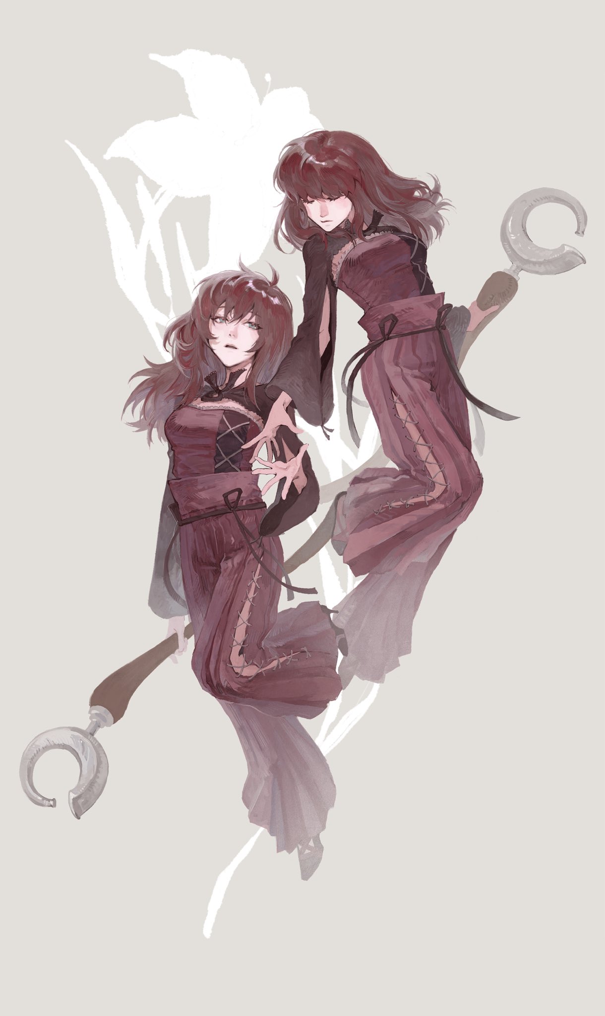 devola, popola, nier, nier (series), commentary, highres, 2girls, anmoko0520, dress, flower, grey background, holding, holding staff, long hair, looking at viewer, multiple girls, pants, red dress, red hair, red pants, siblings, sisters, staff, white flower