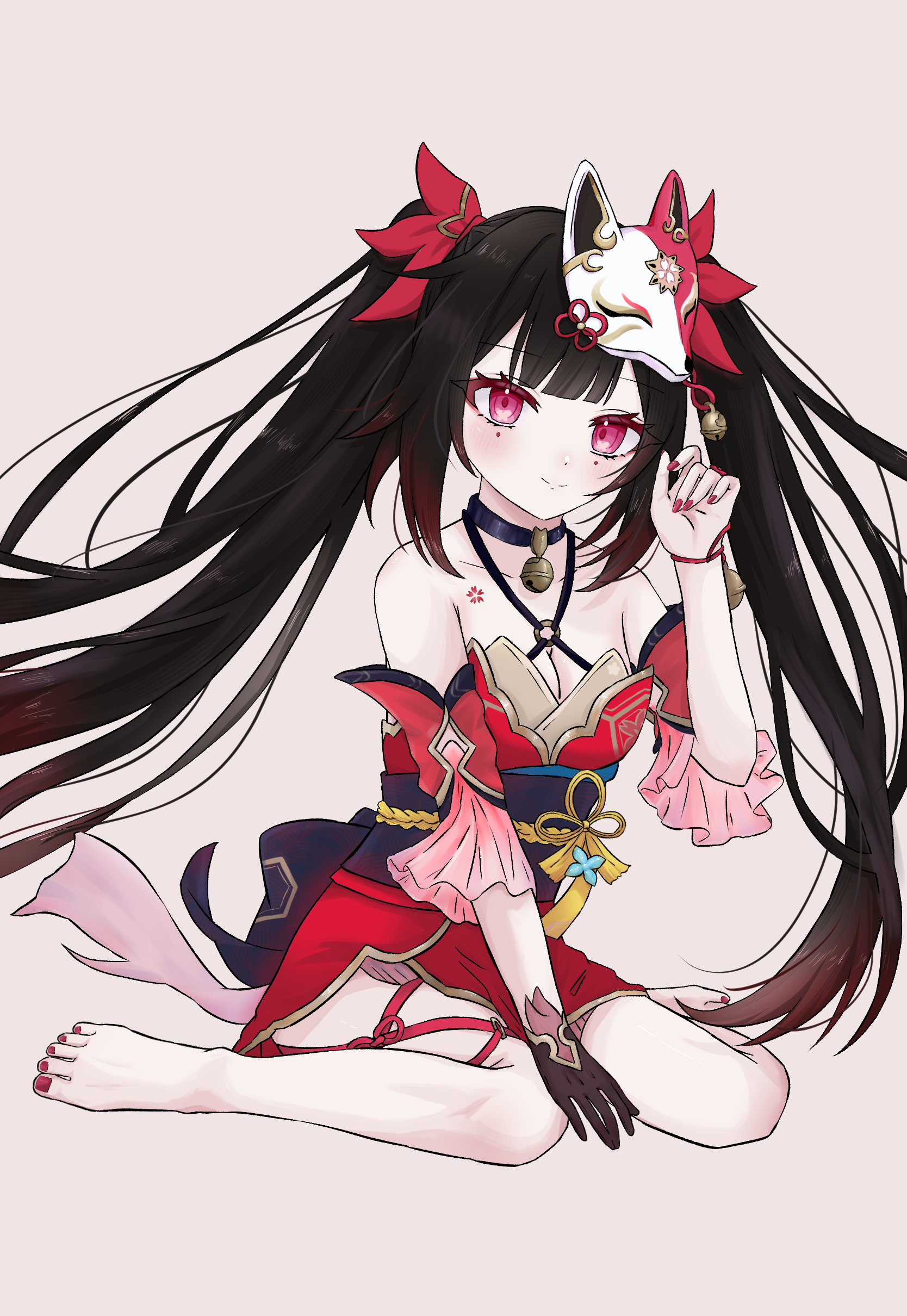 akina (user ucnd3578), sparkle (honkai: star rail), honkai: star rail, honkai (series), absurdres, highres, 1girl, barefoot, black choker, black gloves, black hair, bow, choker, closed mouth, dress, fox mask, gloves, gradient hair, hair bow, looking at viewer, mask, multicolored hair, nail polish, red bow, red dress, red eyes, red hair, red nails, single glove, solo, toenail polish, toenails, white background