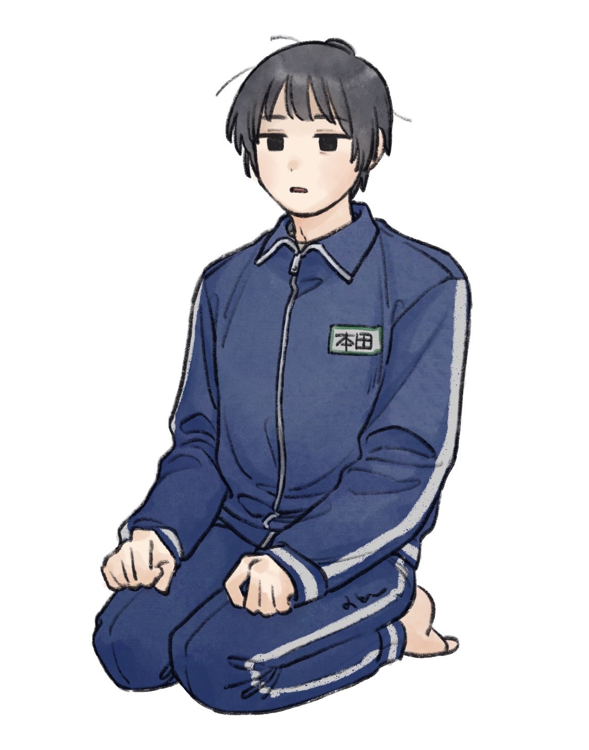 mi aph to, japan (hetalia), axis powers hetalia, commentary request, highres, 1boy, barefoot, black eyes, black hair, blue jacket, blue pants, clenched hands, collared jacket, empty eyes, full body, half-closed eyes, jacket, looking afar, male focus, open mouth, pants, seiza, short hair, simple background, sitting, solo, track jacket, track pants, track suit, white background, zipper