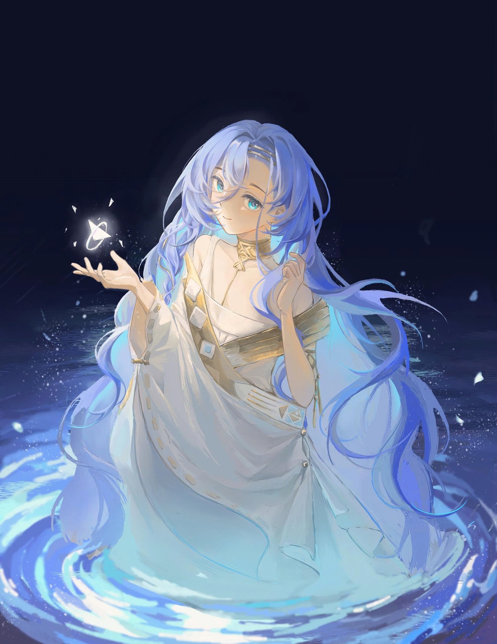 yowl, 37 (reverse:1999), reverse:1999, highres, 1girl, ancient greek clothes, bare shoulders, black background, blue eyes, blue hair, closed mouth, cosplay, gold choker, greco-roman clothes, hair between eyes, hands up, long hair, ripples, smile, solo, toga, triangle, upper body, very long hair, wading, water