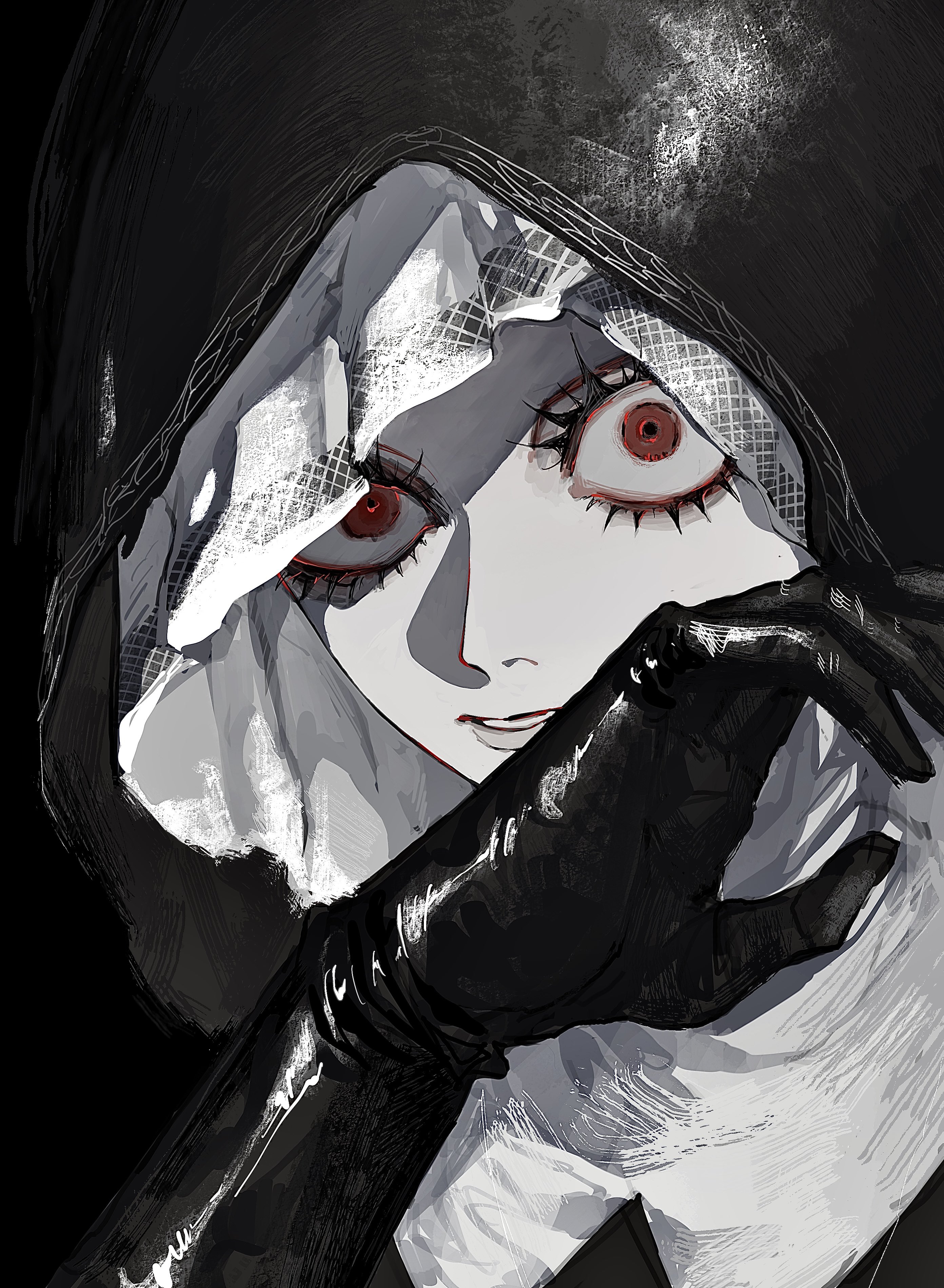 sunset 1830, undertaker (elden ring), elden ring, elden ring nightreign, absurdres, commentary request, highres, 1girl, black gloves, black hood, close-up, eyelashes, gloves, looking at viewer, pale skin, red eyes, solo, veil, wide-eyed