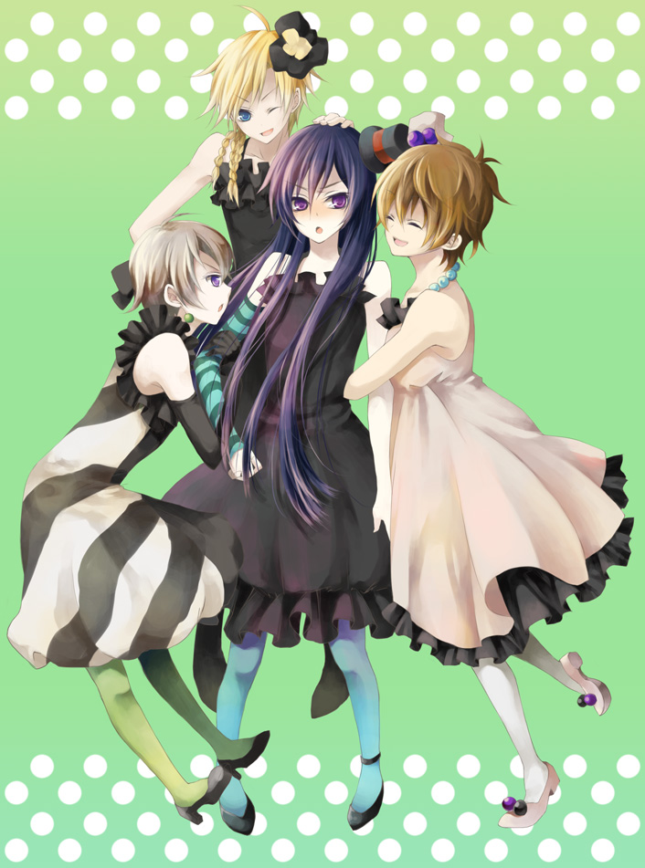 kainesato, akiyama mio, gina weinberg, gino weinberg, hirasawa yui, kotobuki tsumugi, kururugi suzaku, lelouch vi britannia, rolo lamperouge, tainaka ritsu, code geass, don't say "lazy", k-on!, bad id, bad pixiv id, 4boys, akiyama mio (cosplay), blonde hair, blue eyes, blue pantyhose, brown hair, closed eyes, cosplay, crossdressing, crossdressing (mtf), dress, green pantyhose, hat, high heels, hirasawa yui (cosplay), kotobuki tsumugi (cosplay), long hair, male focus, mini hat, mini top hat, multiple boys, one eye closed, pantyhose, purple hair, shoes, tainaka ritsu (cosplay), top hat, trap, wink