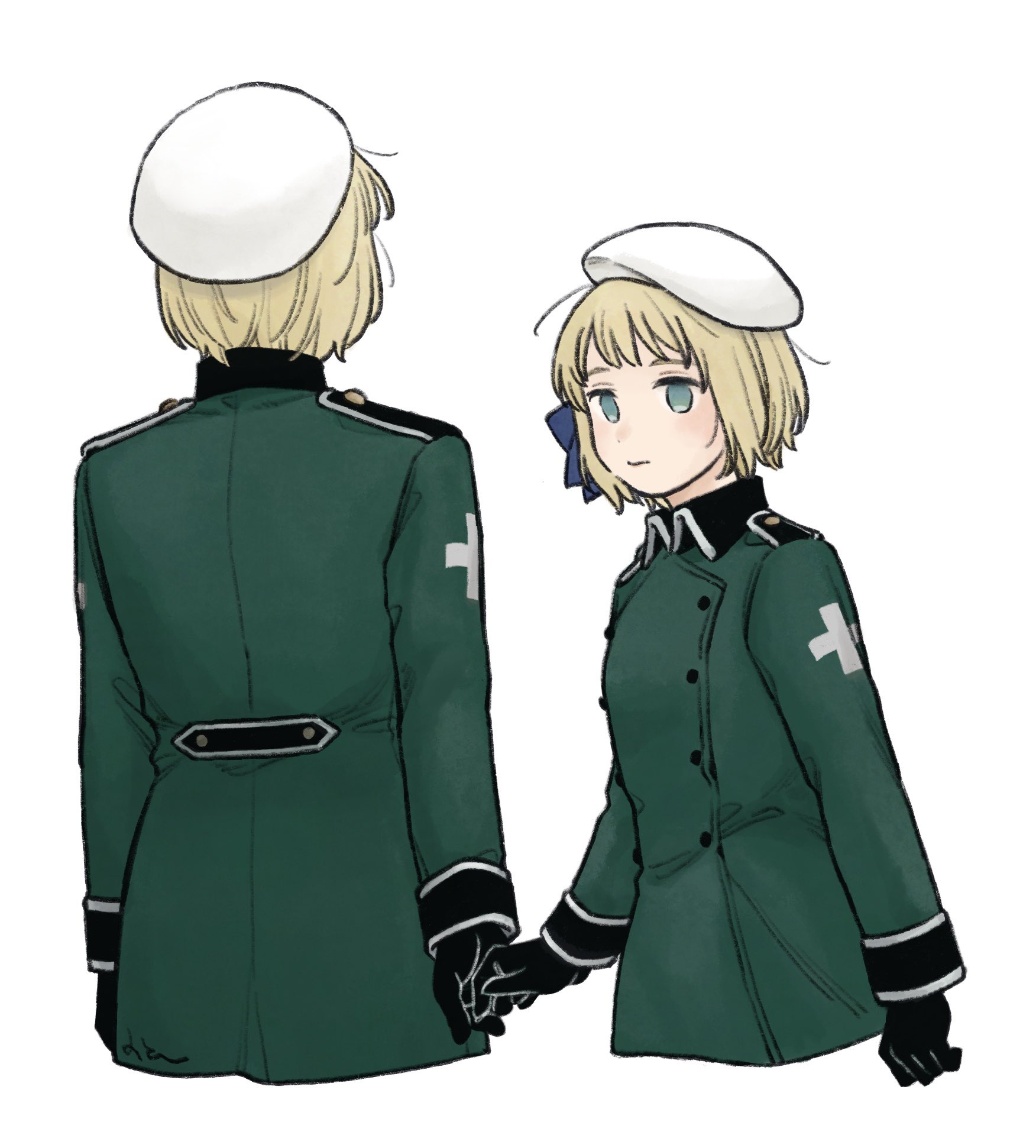 mi aph to, liechtenstein (hetalia), switzerland (hetalia), axis powers hetalia, commentary request, highres, 1boy, 1girl, aqua eyes, beret, black gloves, blonde hair, blush, brother and sister, buttons, closed mouth, collared jacket, from behind, gloves, green jacket, hat, holding hands, jacket, long sleeves, looking at another, military, military hat, military jacket, military uniform, short hair, siblings, simple background, smile, white background, white hat