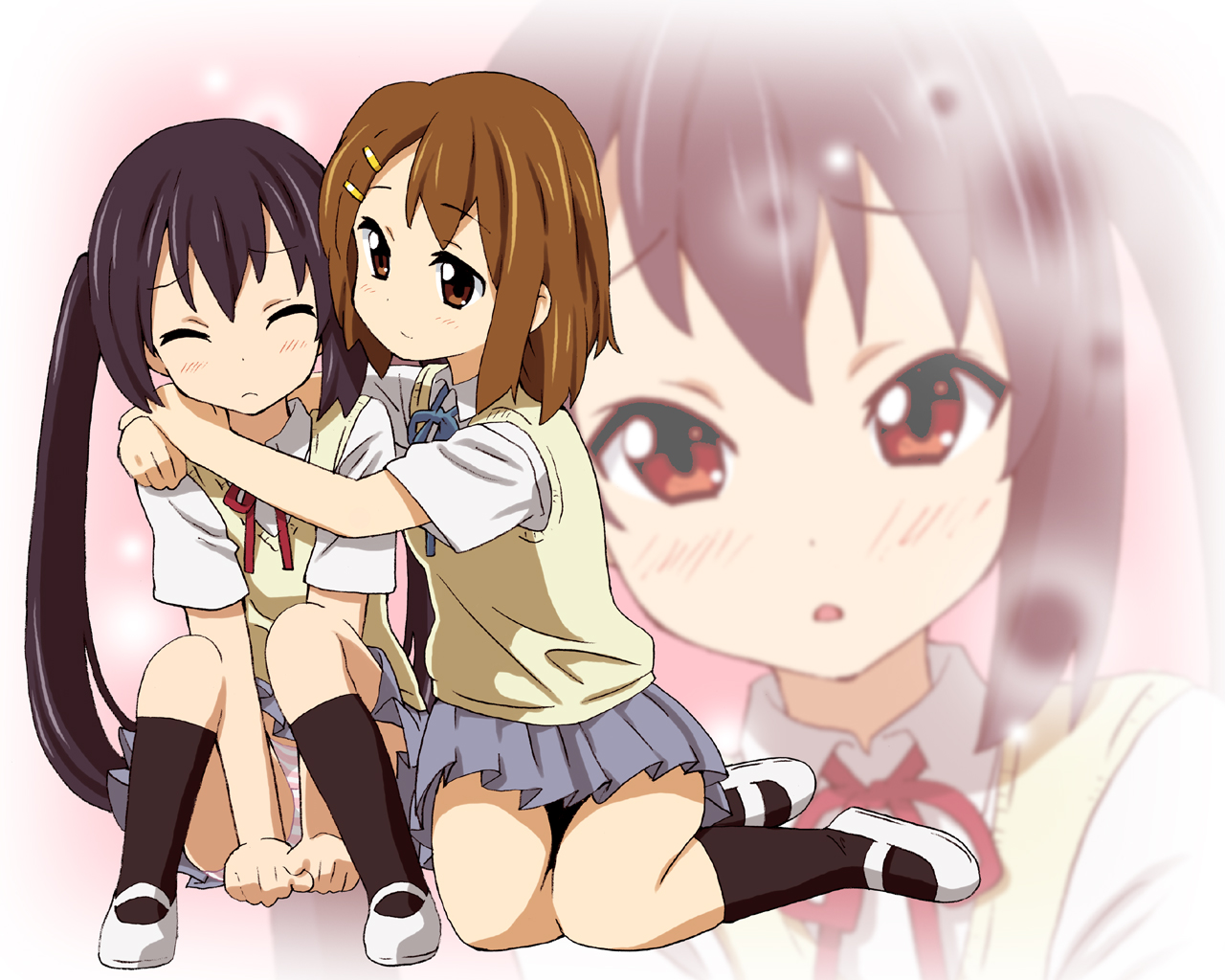 homing (areya), hirasawa yui, nakano azusa, k-on!, 00s, 2girls, arms around neck, black hair, brown eyes, brown hair, closed eyes, comforting, hug, long hair, multiple girls, panties, pantyshot, pink panties, school uniform, short hair, sitting, striped clothes, striped panties, twintails, underwear, wince, zoom layer