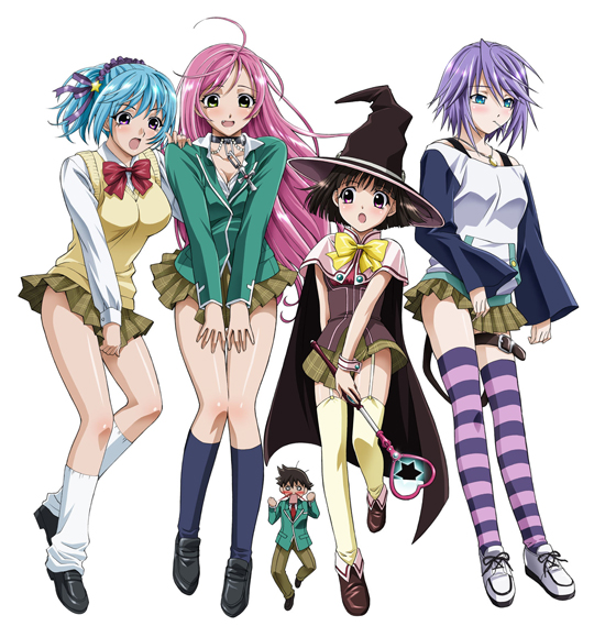 akashiya moka, aono tsukune, kurono kurumu, sendou yukari, shirayuki mizore, rosario+vampire, striped legwear, 00s, 1boy, 4girls, :o, ahoge, antenna hair, black hair, blazer, blood, blouse, blue eyes, blue hair, blush, bow, bowtie, breasts, candy, cape, choker, cleavage, covering crotch, covering privates, cross, everyone, fang, flat chest, floating, food, garter straps, green shirt, hair ornament, hair ribbon, hat, jacket, jewelry, laughing, legs, lipstick, loafers, lollipop, long hair, long legs, loose socks, makeup, medium breasts, miniskirt, mouth hold, multiple girls, necklace, nosebleed, o o, pink eyes, purple eyes, purple hair, ribbon, school uniform, shirt, shoes, short hair, simple background, skirt, smile, sneakers, socks, striped clothes, striped thighhighs, surprised, sweat, sweater vest, thigh strap, thighhighs, upskirt, v arms, witch hat