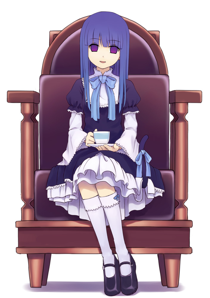 urue, frederica bernkastel, umineko no naku koro ni, 00s, blue hair, chair, cup, dress, empty eyes, full body, kneehighs, long hair, mary janes, purple eyes, ribbon, shoes, sitting, smile, socks, solo, tail, teacup