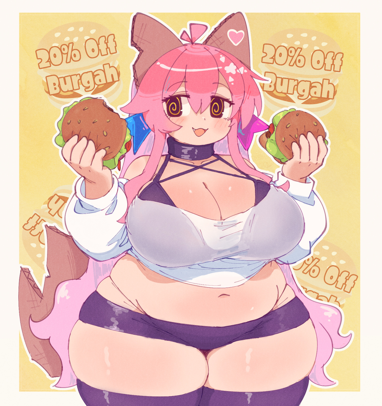 sillydogjoe, original, commentary, english commentary, highres, 1girl, @ @, ahoge, blush, border, breasts, burger, cardboard, cardie (ceroro), cleavage, cowboy shot, fake horns, fang, fat, food, hair between eyes, heart, holding, holding burger, holding food, horns, huge breasts, long hair, looking to the side, navel, open mouth, outline, outside border, pink hair, purple thighhighs, solo, thick thighs, thighhighs, thighs, white border, white outline, yellow background