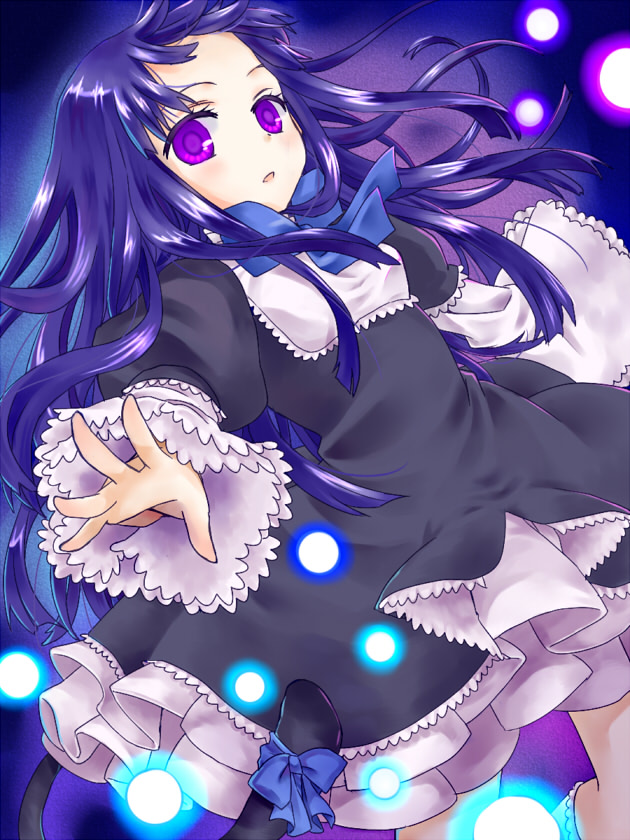 tsuguha, frederica bernkastel, umineko no naku koro ni, bad id, bad pixiv id, 00s, 1girl, blue hair, cat tail, dress, female focus, floating, forehead, frills, glowing, long hair, purple eyes, ribbon, solo, tail, tail ornament, tail ribbon