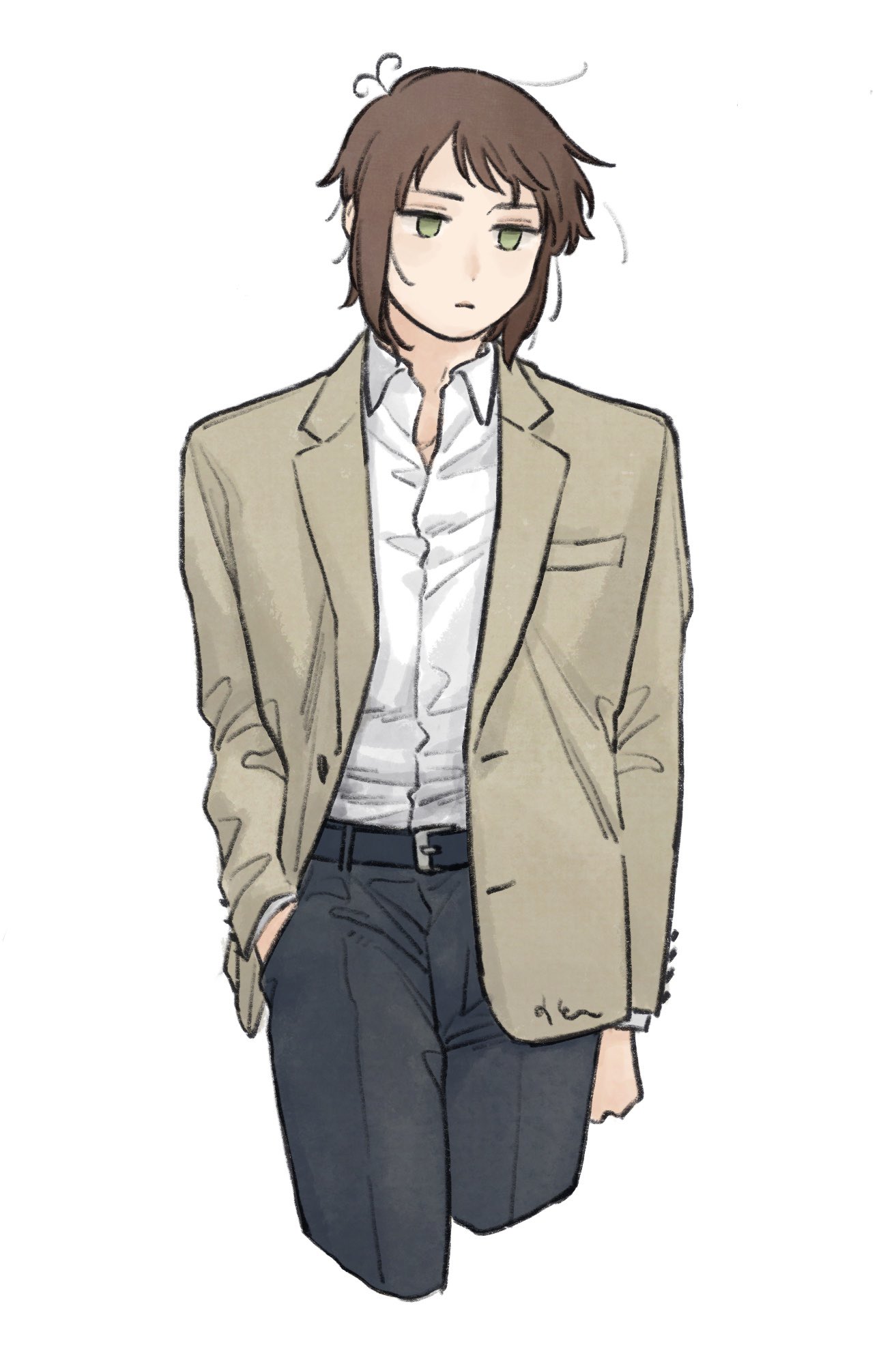 mi aph to, lithuania (hetalia), axis powers hetalia, commentary request, highres, 1boy, belt, black belt, black pants, breast pocket, brown hair, brown jacket, buttons, closed mouth, collared shirt, cowboy shot, empty eyes, formal clothes, green eyes, half-closed eyes, hand in pocket, jacket, lapels, long sleeves, looking afar, male focus, messy hair, pants, pocket, shirt, short hair, simple background, solo, standing, white background, white shirt