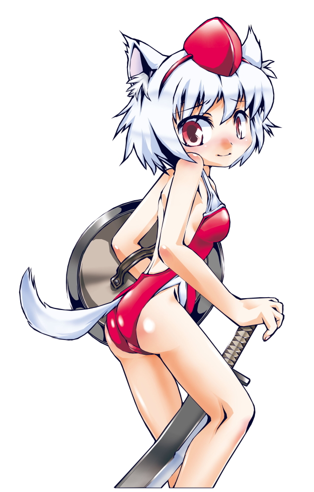 sukiyo, inubashiri momiji, touhou, 1girl, animal ears, ass, breasts, competition swimsuit, female focus, hat, one-piece swimsuit, red eyes, shield, simple background, solo, swimsuit, sword, tail, tokin hat, weapon, white background, white hair, wolf ears, wolf tail