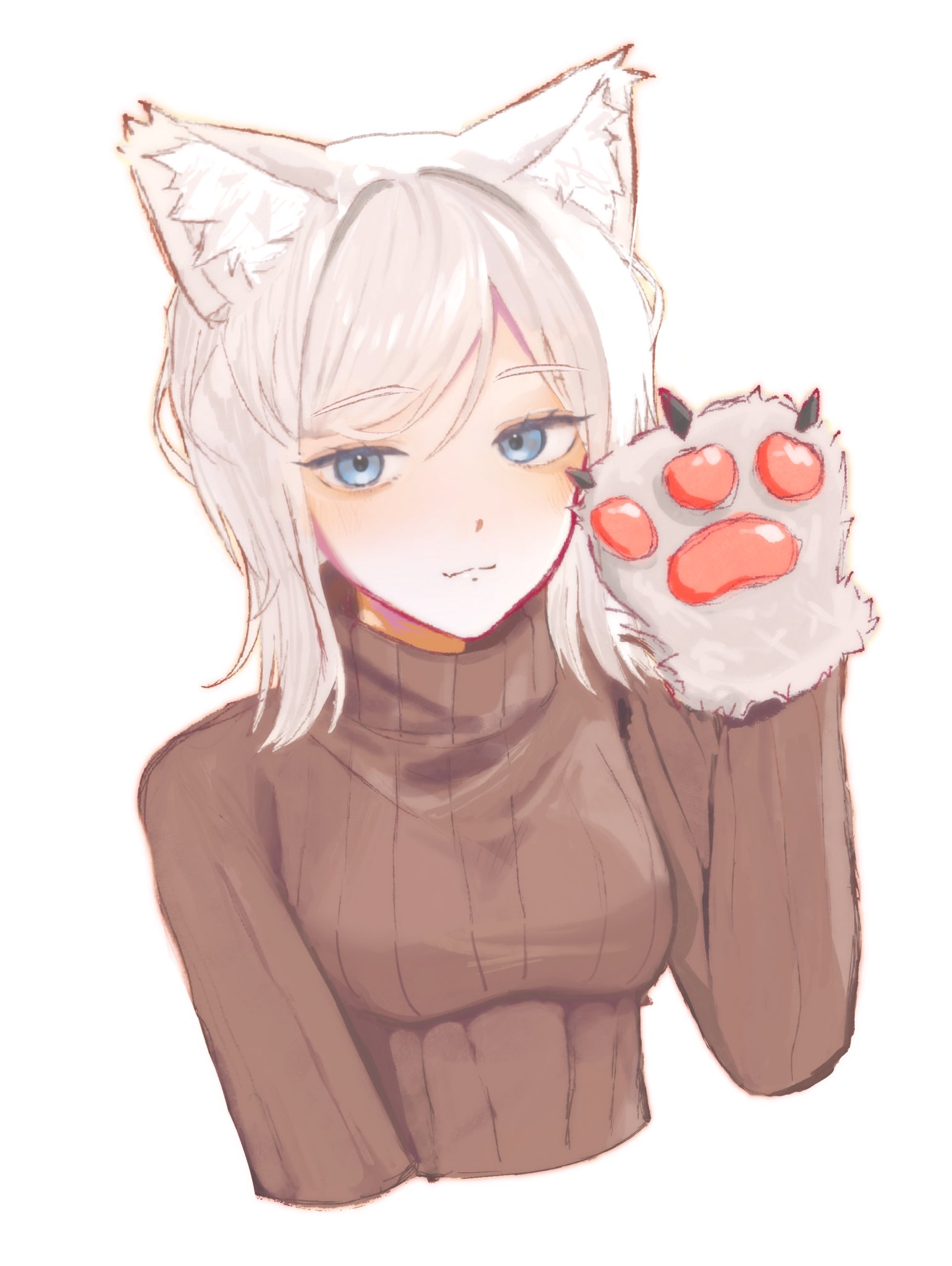 faust (project moon), limbus company, project moon, highres, 1girl, :3, animal ear fluff, animal ears, animal hands, blue eyes, brown sweater, cat ears, cat girl, closed mouth, gloves, kemonomimi mode, long hair, looking at viewer, paw gloves, simple background, solo, sweater, turtleneck, turtleneck sweater, upper body, white background, white hair, yata (ifeelikeagod)