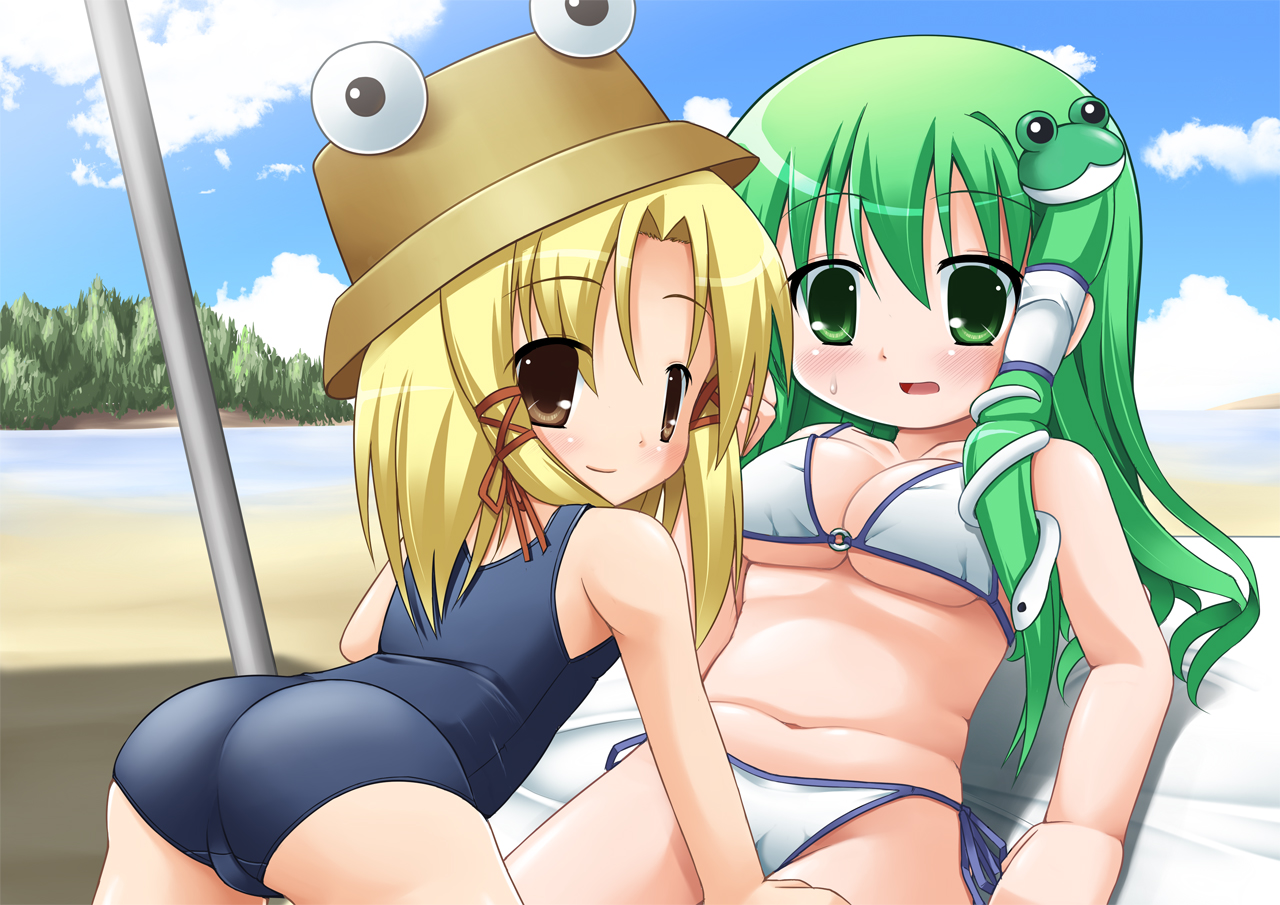 kanna hisashi, kochiya sanae, moriya suwako, touhou, 2girls, ass, beach, bikini, blonde hair, blue eyes, breasts, day, female focus, green eyes, green hair, hat, long hair, multiple girls, nature, ocean, one-piece swimsuit, outdoors, plant, school swimsuit, short hair, sky, snake, swimsuit, trefoil