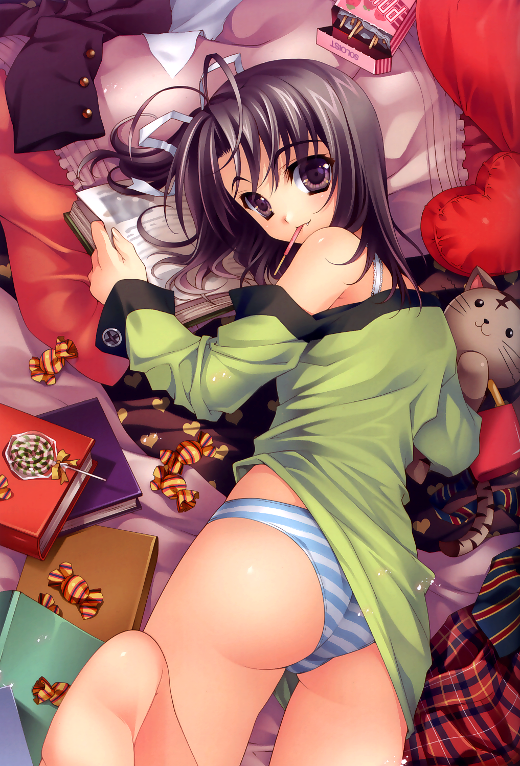 riv (rivleaf), original, highres, 1girl, antenna hair, ass, bare shoulders, barefoot, black hair, book, bra strap, candy, fang, feet, female focus, food, lollipop, long hair, looking back, lying, on stomach, panties, pocky, purple eyes, solo, striped clothes, striped panties, stuffed animal, stuffed tiger, stuffed toy, swirl lollipop, underwear