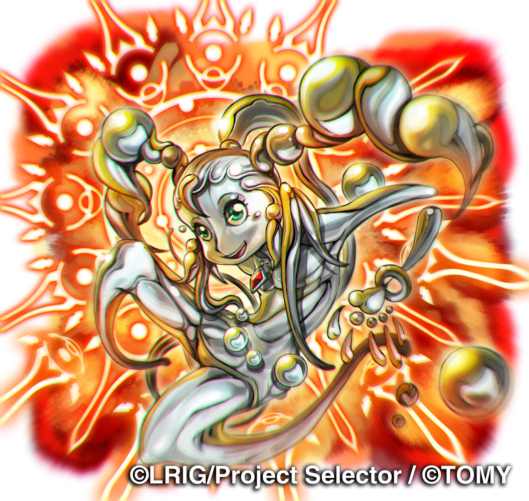 shinjuro yuri, wixoss, official art, 1girl, colored skin, copyright notice, green eyes, grey hair, grey skin, long hair, looking at viewer, macury (wixoss), monster girl, open mouth, slime girl, smile, solo, twintails, white background