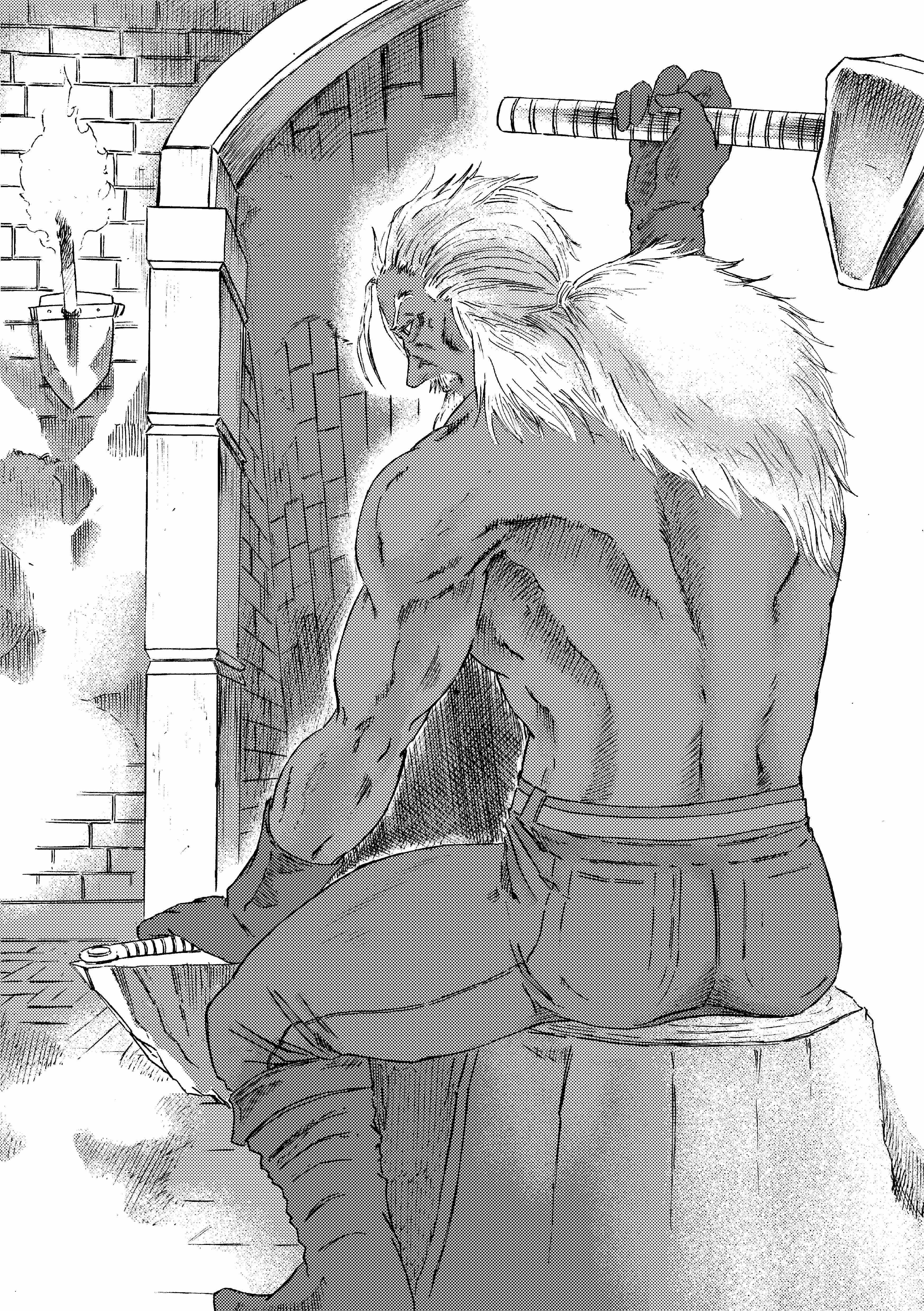 913kousatu, andre of astora, dark souls (series), dark souls i, absurdres, commentary request, highres, 1boy, anvil, back, blacksmith, boots, facial hair, from behind, full body, gloves, greyscale, hammer, holding, holding hammer, long hair, low ponytail, male focus, monochrome, mustache, pants, ponytail, sconce, sitting, solo, topless male, torch