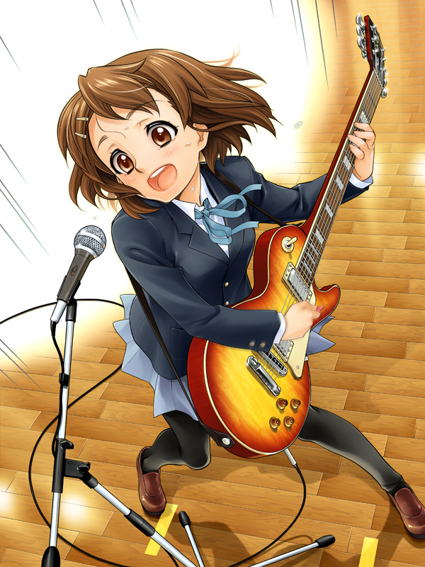 mami akira, hirasawa yui, k-on!, 00s, 1girl, brown hair, electric guitar, female focus, gibson les paul, guitar, instrument, microphone, microphone stand, pantyhose, school uniform, solo, wooden floor