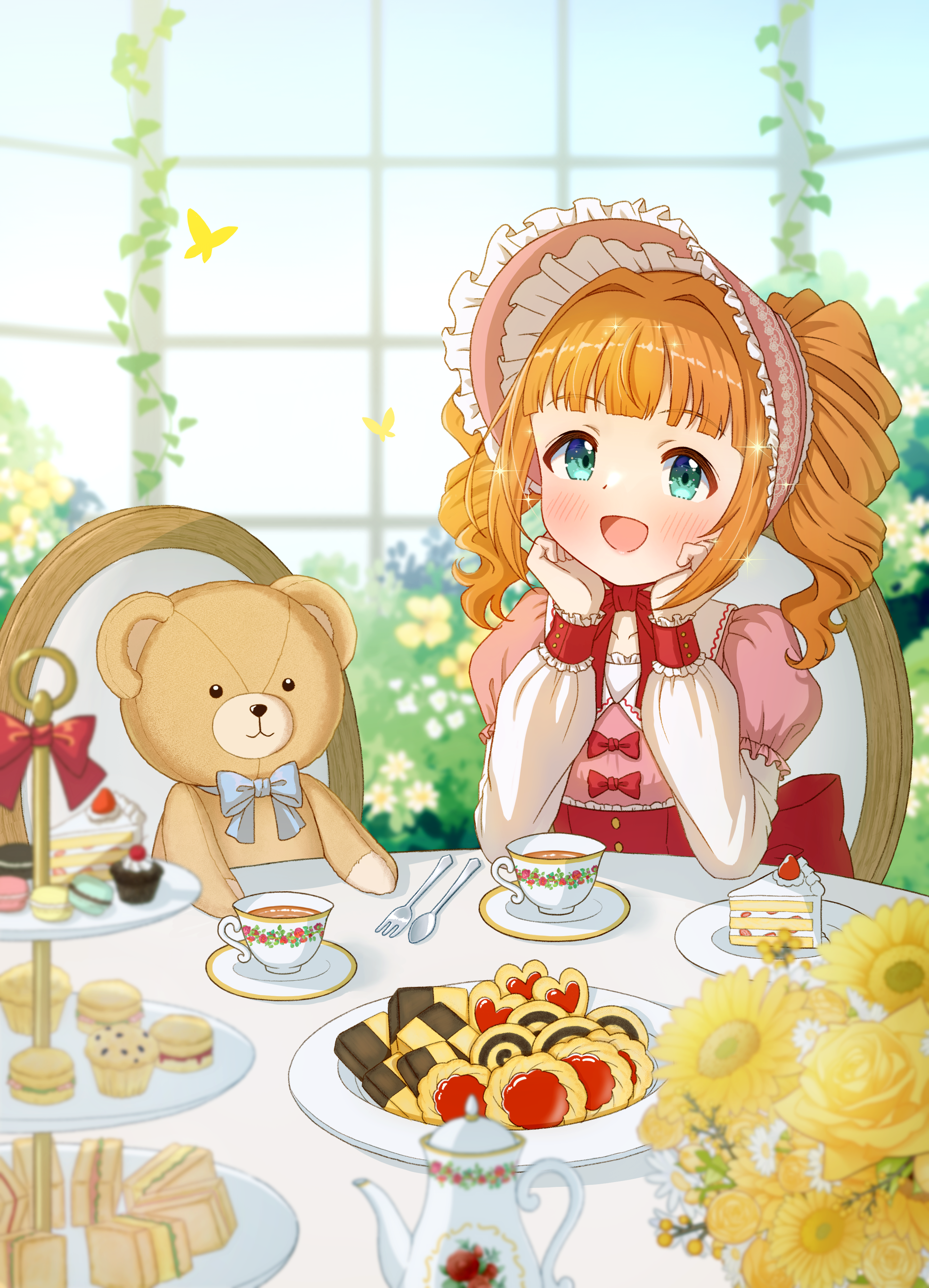 sizmaru11, takatsuki yayoi, idolmaster, idolmaster million live!, absurdres, highres, 1girl, :d, blunt bangs, blurry, blurry background, blush, bonnet, bow, bug, butterfly, cake, cake slice, chair, checkerboard cookie, cookie, cup, desert, dress, eyebrows hidden by hair, flower, food, fork, frilled headwear, frills, green eyes, hands on own chin, indoors, insect, lolita fashion, long sleeves, looking at viewer, macaron, open mouth, orange hair, plate, puffy sleeves, sitting, smile, solo, stuffed animal, stuffed toy, table, tea, teacup, teapot, teddy bear, tiered tray, twintails, utensil, window