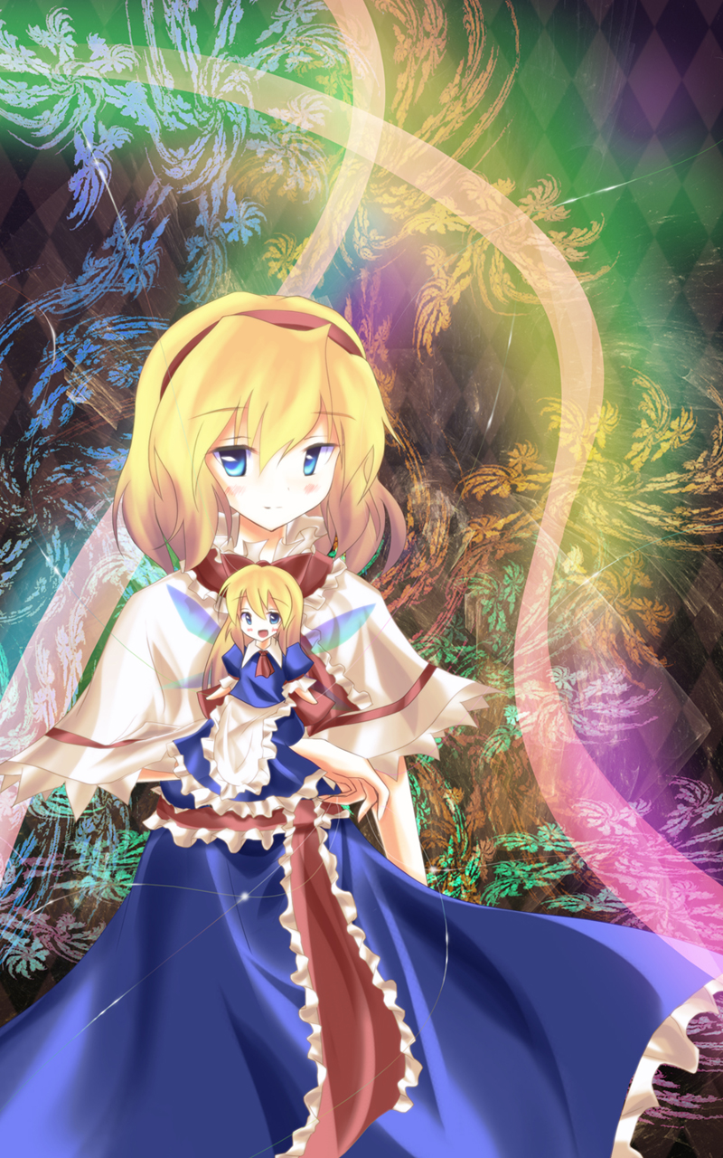 mebiri, alice margatroid, shanghai doll, touhou, bad id, bad pixiv id, highres, 2girls, blonde hair, blue eyes, blush, bow, doll, dress, fairy, female focus, frills, hair bow, hairband, long hair, multiple girls, short hair, smile, wings