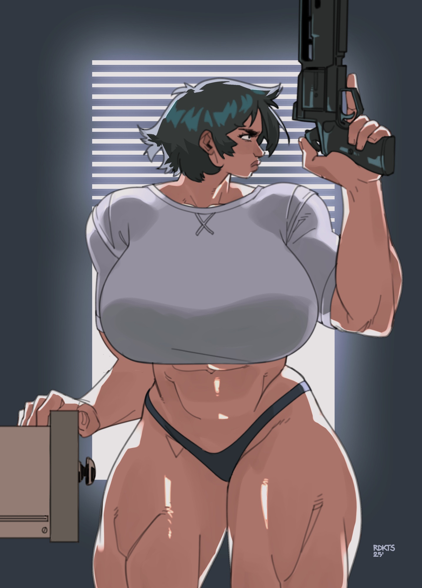 sgt crisis, bluesky, 1girl, abs, black hair, breasts, drawer, gun, huge breasts, muscular, muscular female, redd kats, short hair, tank top, thick thighs, thighs, underwear, veins, veiny arms, weapon, window, window blinds