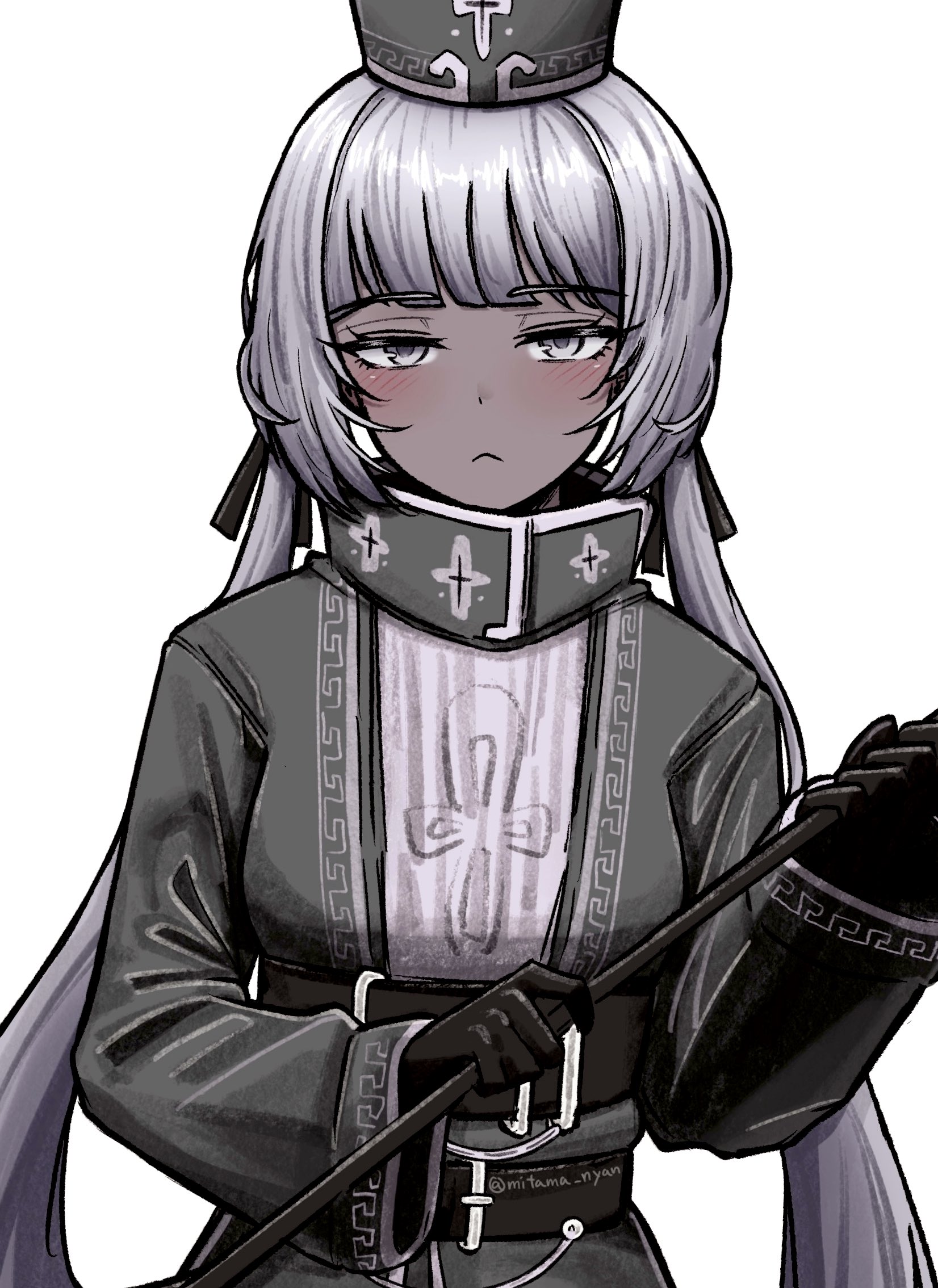 charon (project moon), limbus company, project moon, commentary, english commentary, highres, 1girl, artist name, belt, black gloves, black hat, blush, dark-skinned female, dark skin, gloves, hat, long hair, low twintails, mitama nyan, simple background, solo, standing, twintails, twitter username, upper body, very long hair, white background, white hair